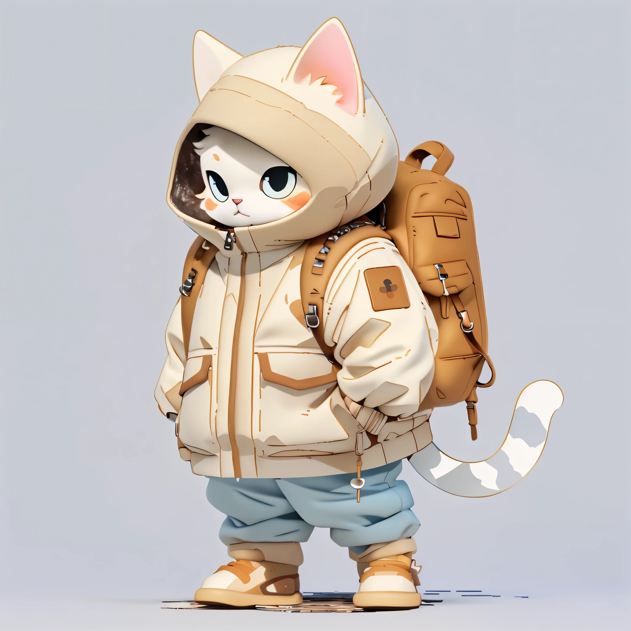 C4D,BLENDER,3D RENDER,Standing male cat, cream-colored fur, sportswear, carrying a sack, adorable expression, lively posture, simple modern outfit, large eyes, curious, travel essentials, bright colors, strong contrast, IP character design, simple background., Pixar, UHD, masterpiece, best quality, highres, high quality