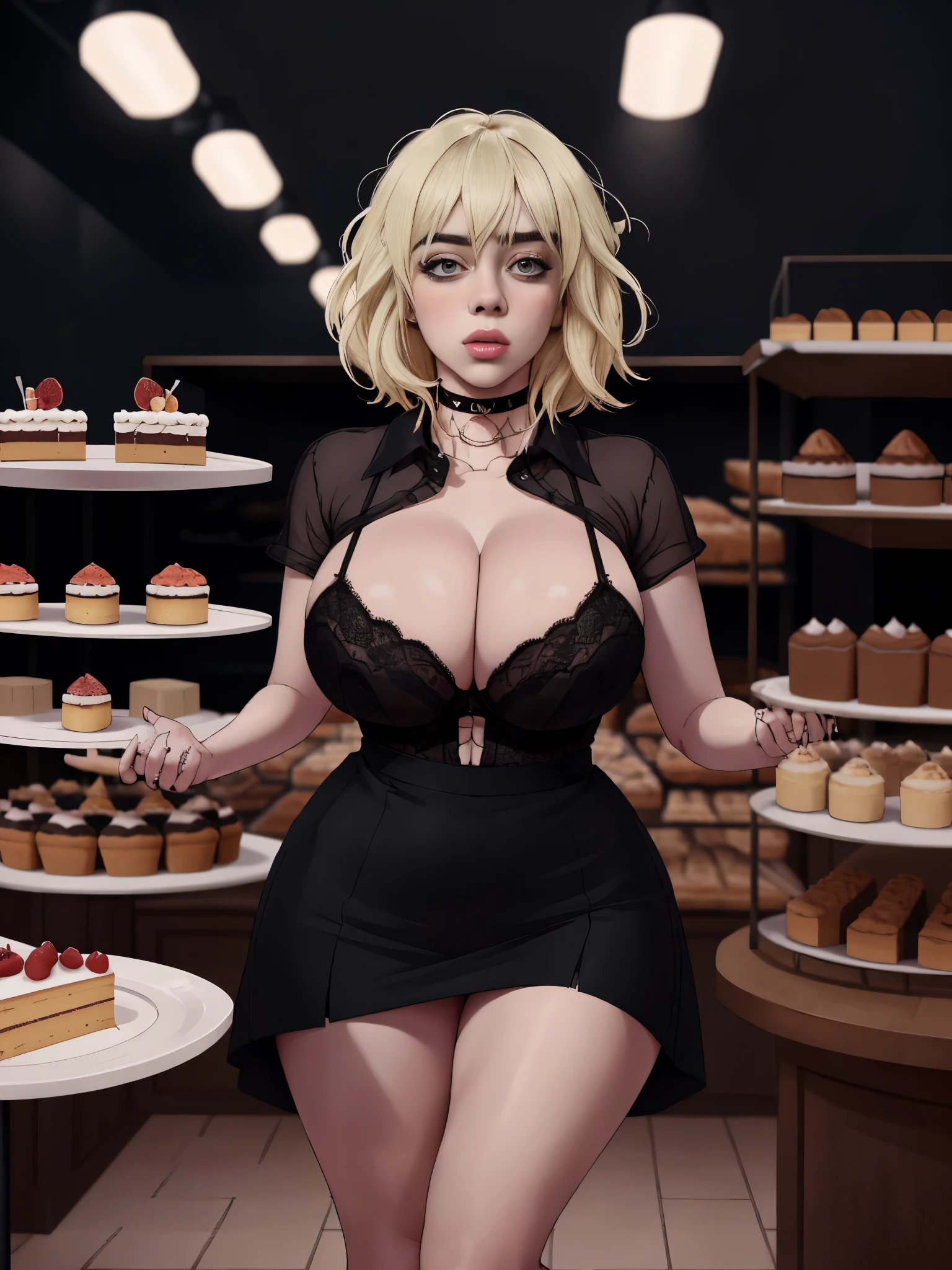 Billie Eilish, masterpiece quality, lots of detail, realistic, studio lighting, in a bakery,, lots of cake in background, lots of cake on table, short hair, sexy pose, wearing choker collar, wearing black dress, short skirt, big breasts, (big breasts:1.2),