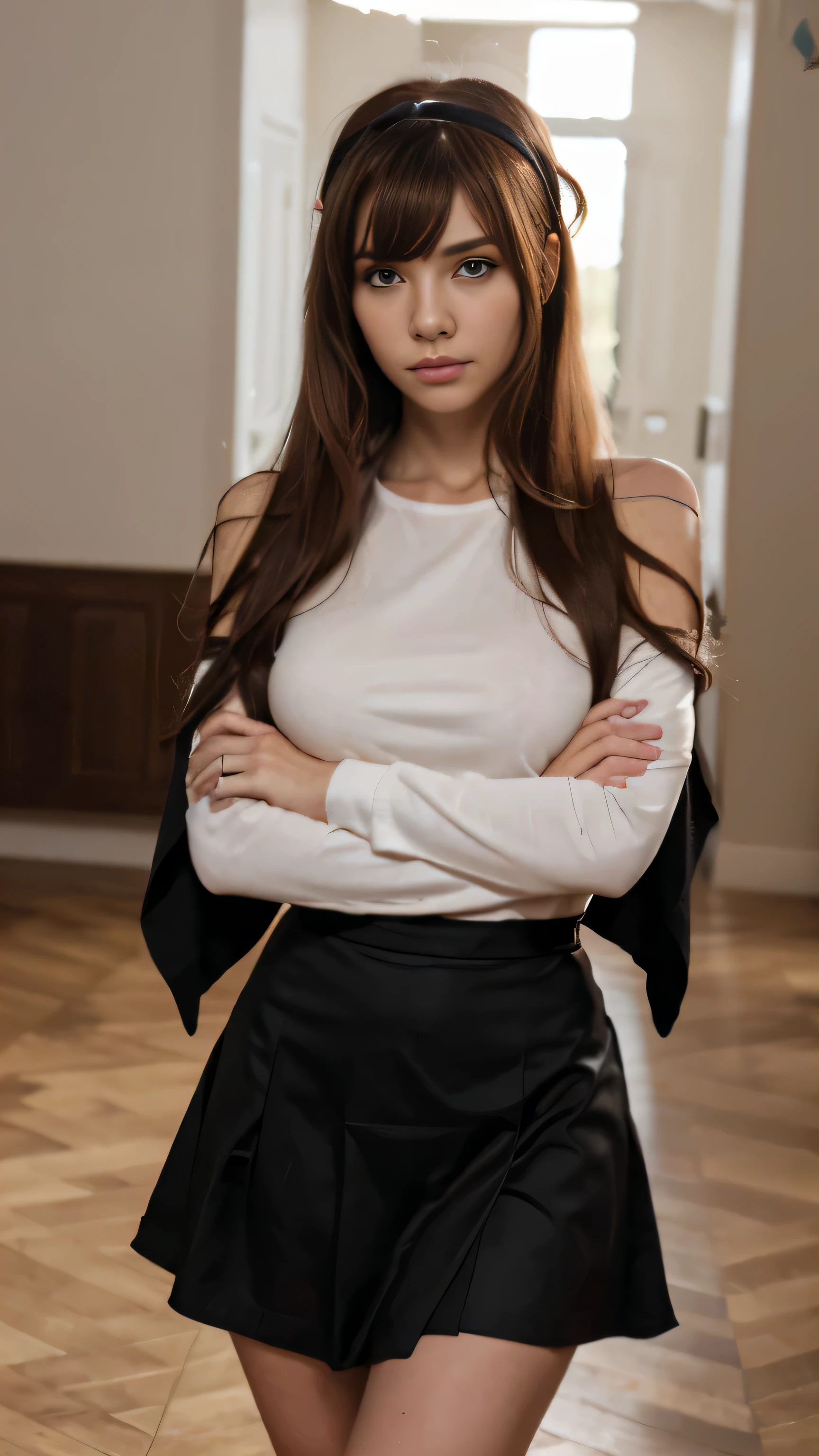 eris greyrat, 1girl, solo, long hair, ahoge, red eyes, red hair, bare shoulders,hairband, crossed arms,blush, skirt, black hairband, breasts, detached sleeves,bangs, hair between eyes, long sleeves, hair flaps, closed mouth, black skirt, brown skirt, shirt, crossed bangs, very long hair, white shirt,biwm,pointing at self,shouting,angry,