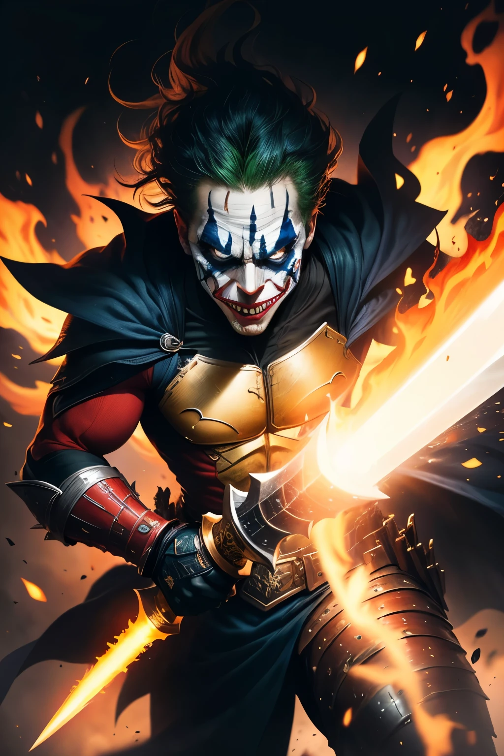 create art for a mug with a joker based on the film Dark Knights, with phrases,graphic design a mug, flat design,gotham street, colorful tones, highly detailed clean, vector image, professional photography, smoke explosion, simple background, flat black background , shiny vector ((black background)) color scheme: blue and black, expression: mysterious and haunting, size and shape of great sword: massive and double-edged, environment: fiery and chaotic, camera specs/model name: high-resolution DSLR, perspective: slightly low angle to emphasize the warrior's power, lighting: dramatic, with a spotlight illuminating the warrior's face and sword, depth of field: shallow, with the warrior in sharp focus and the fiery background slightly blurred, shutter speed: fast to capture the warrior's dynamic movement, photo quality: crisp and detailed, capturing the intricate details of the warrior's a