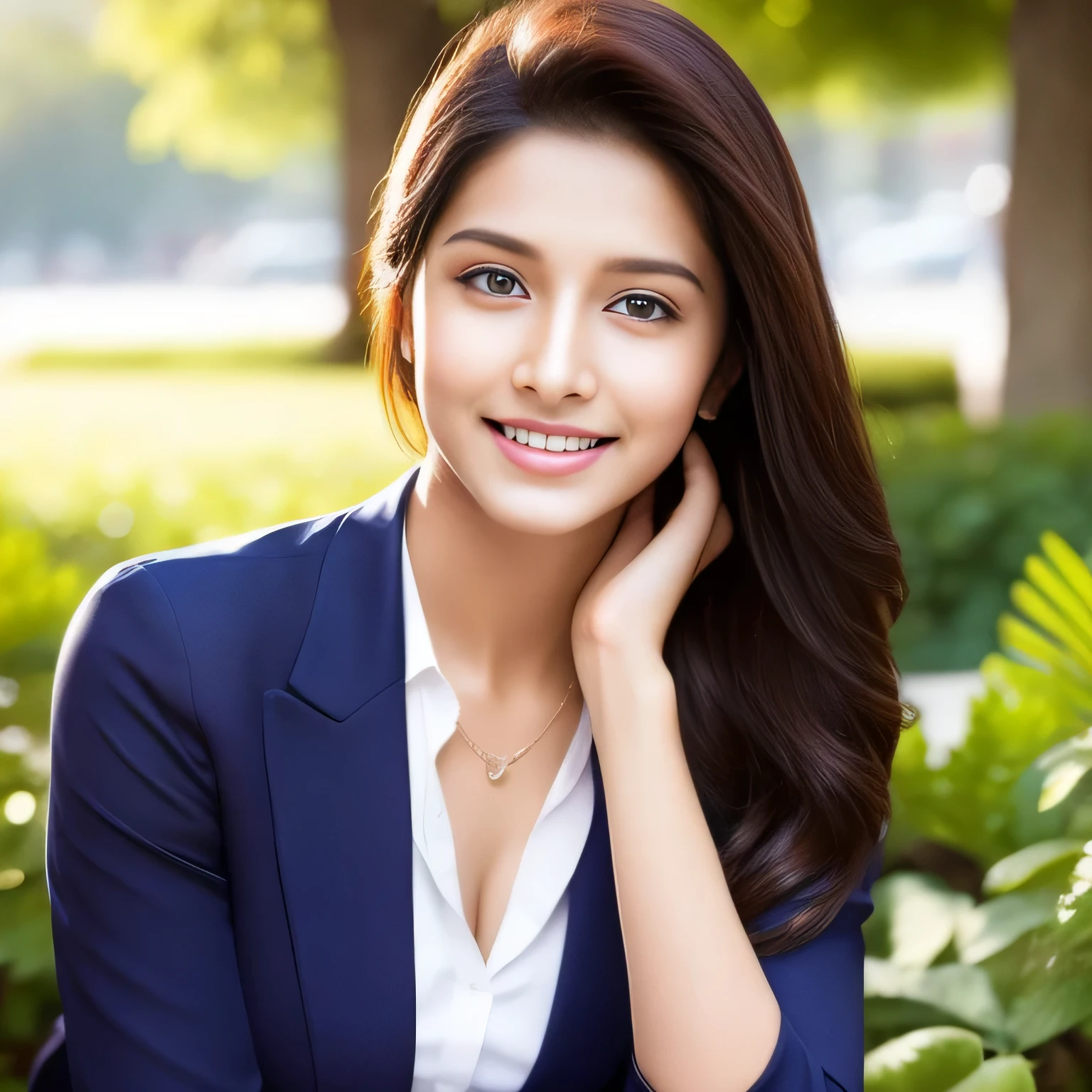 (best quality,realistic),portrait,indian gorgeous 23 years old woman, smile, sexy, beautiful, clear facial features, business meeting, business outfit, outdoor, half body, modeling photography