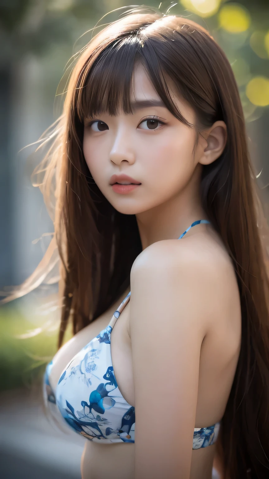 masterpiece, highest quality, 8K, 1 girl, 20 me, mouth is slightly open, Vague expression, close, close up of face, alone, cute, girly, delicate girl, Neat beauty, RAW photo, professional photography, portrait, soft light, professional lighting, Backlight, looking forward to your eyes, Sophisticated, film grain, (Eye and face details:1.0), big breasts、medium length floating hair, bikini、beautiful flowing hair, leaning forward、bangs, whole body