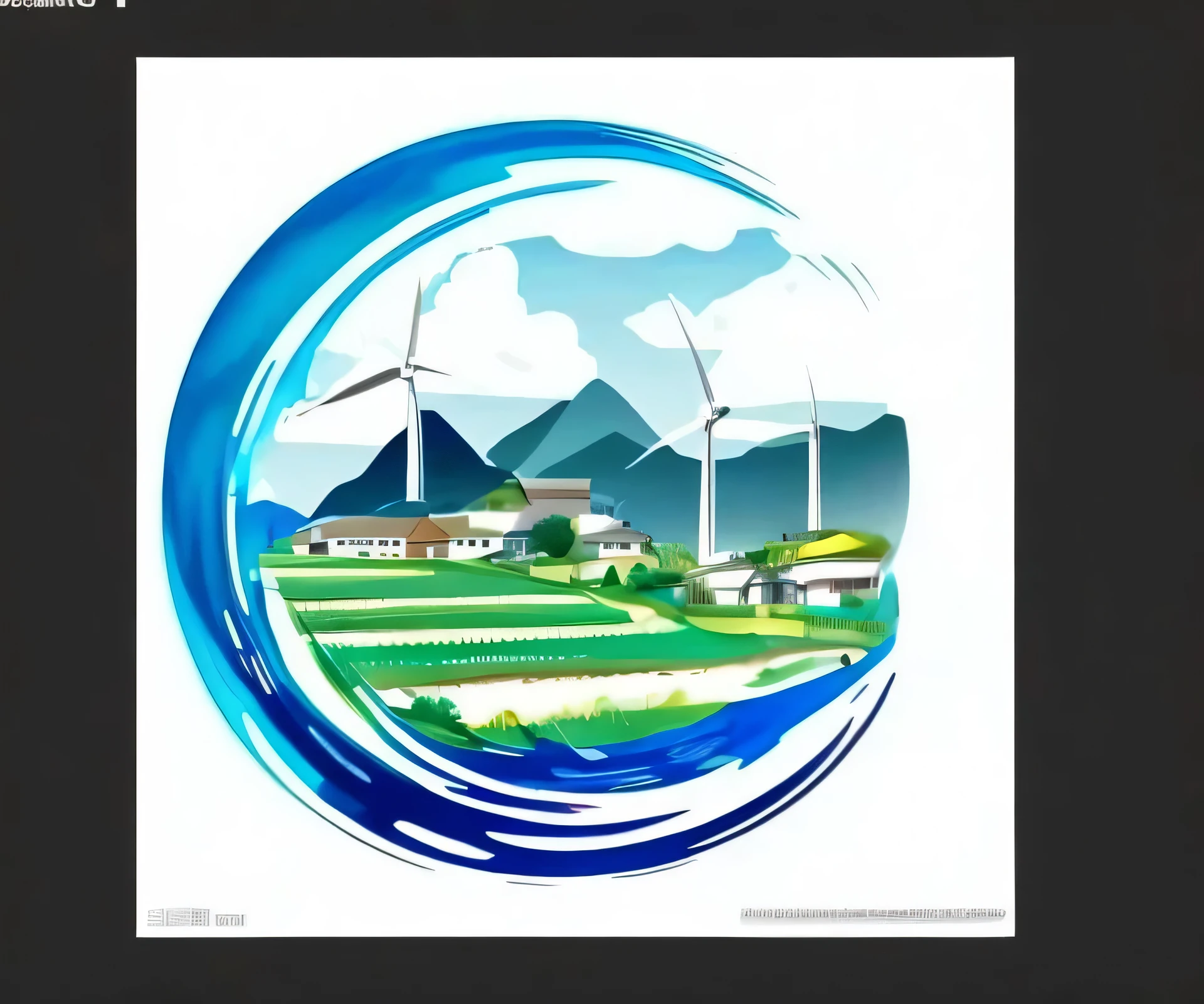 1. Rotating wind wheel 2. water ripple 3. Farmland flat slope 4. Round Logo Design 5. Blue sky and white clouds background 6. Team name "Energy Prospering Agriculture" 7. Tall wind turbine tower 8. turbine mechanism 9. Sun Rays 10. Green environmental protection logo