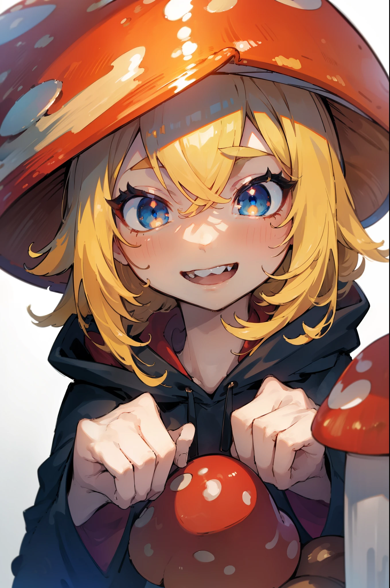 masterpiece,best quality,high quality, best quality, 4k,8k,up close,1girl,solo,blonde hair, crossed bangs, blue eyes, red mushroom hat, mushroom girl, black hoodie,cute,sharp teeth,grin
