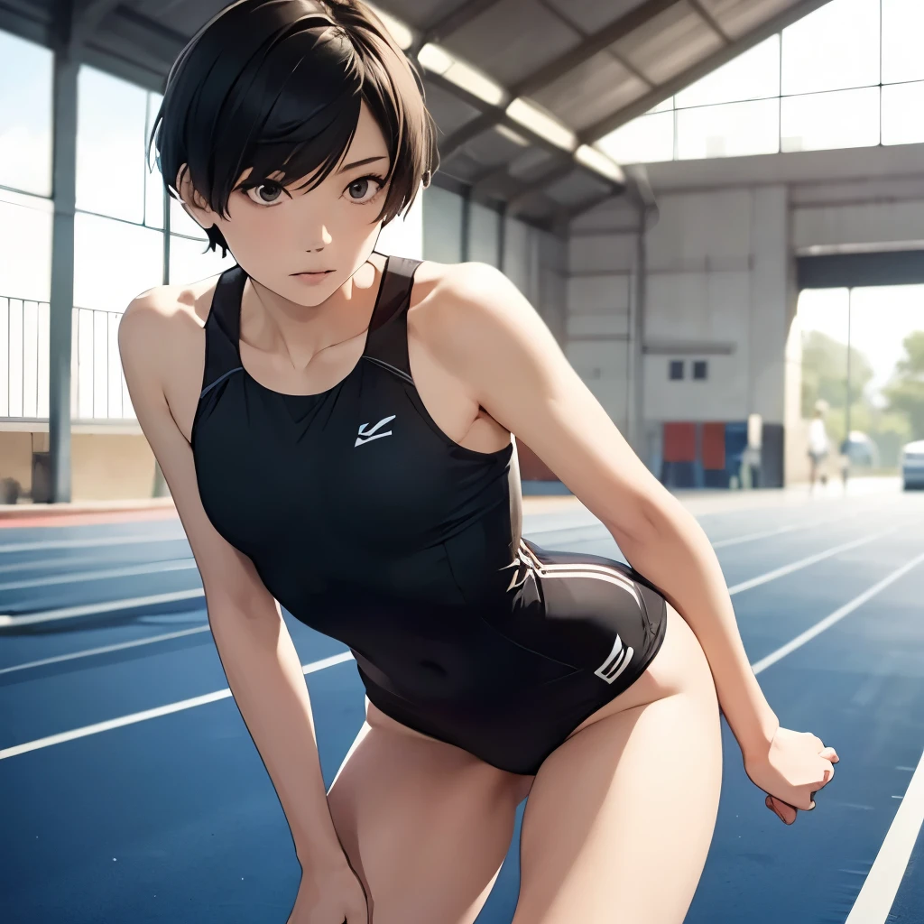 A girl, very short hair, Front View, Composition from head to thigh, slender, flat chest, arms behind back, One-person viewpoint, pale skin, track team, black hair