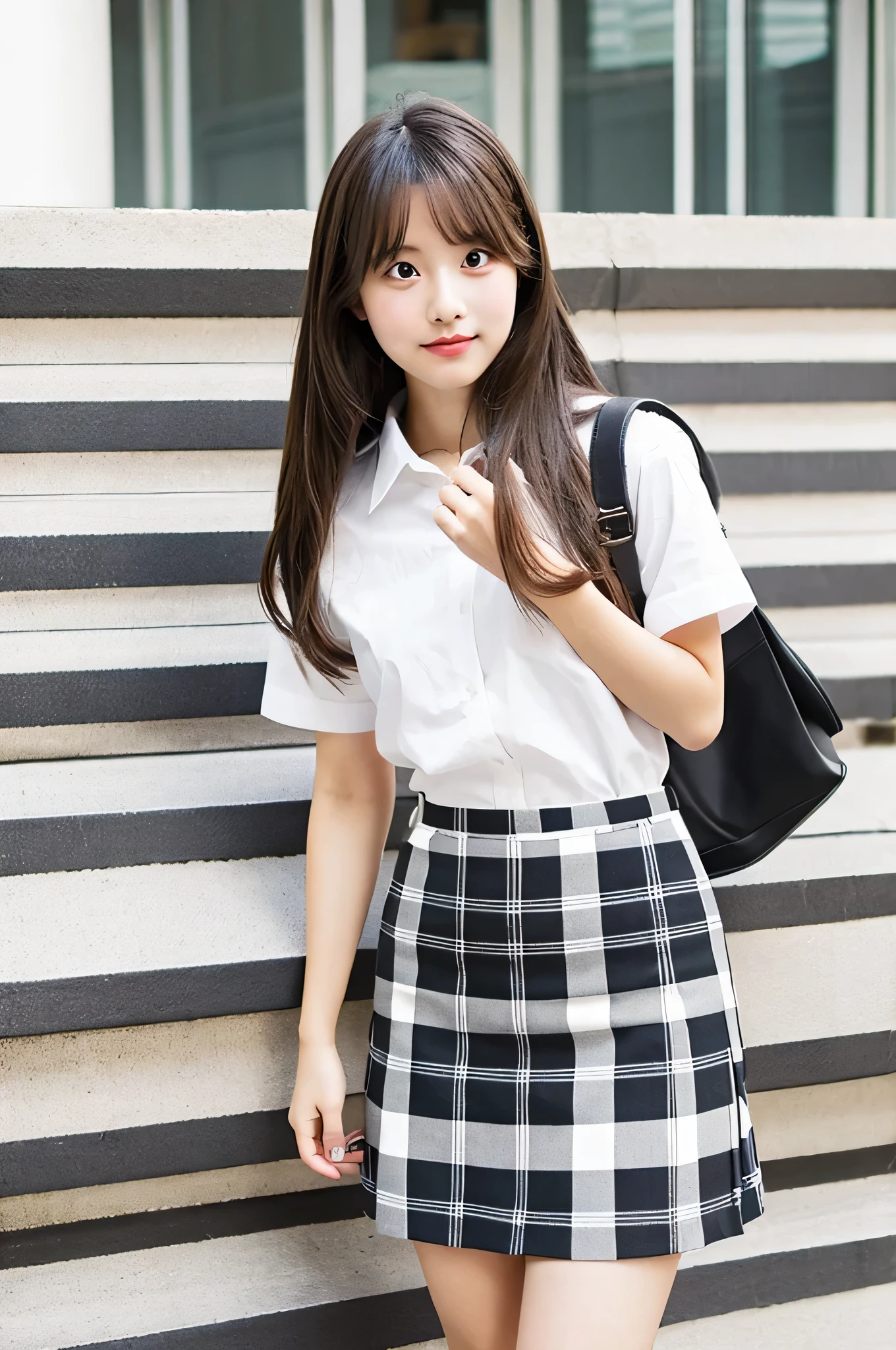 super mini skirt(gray and white plaid)20 year old high school girl wearing a white shirt