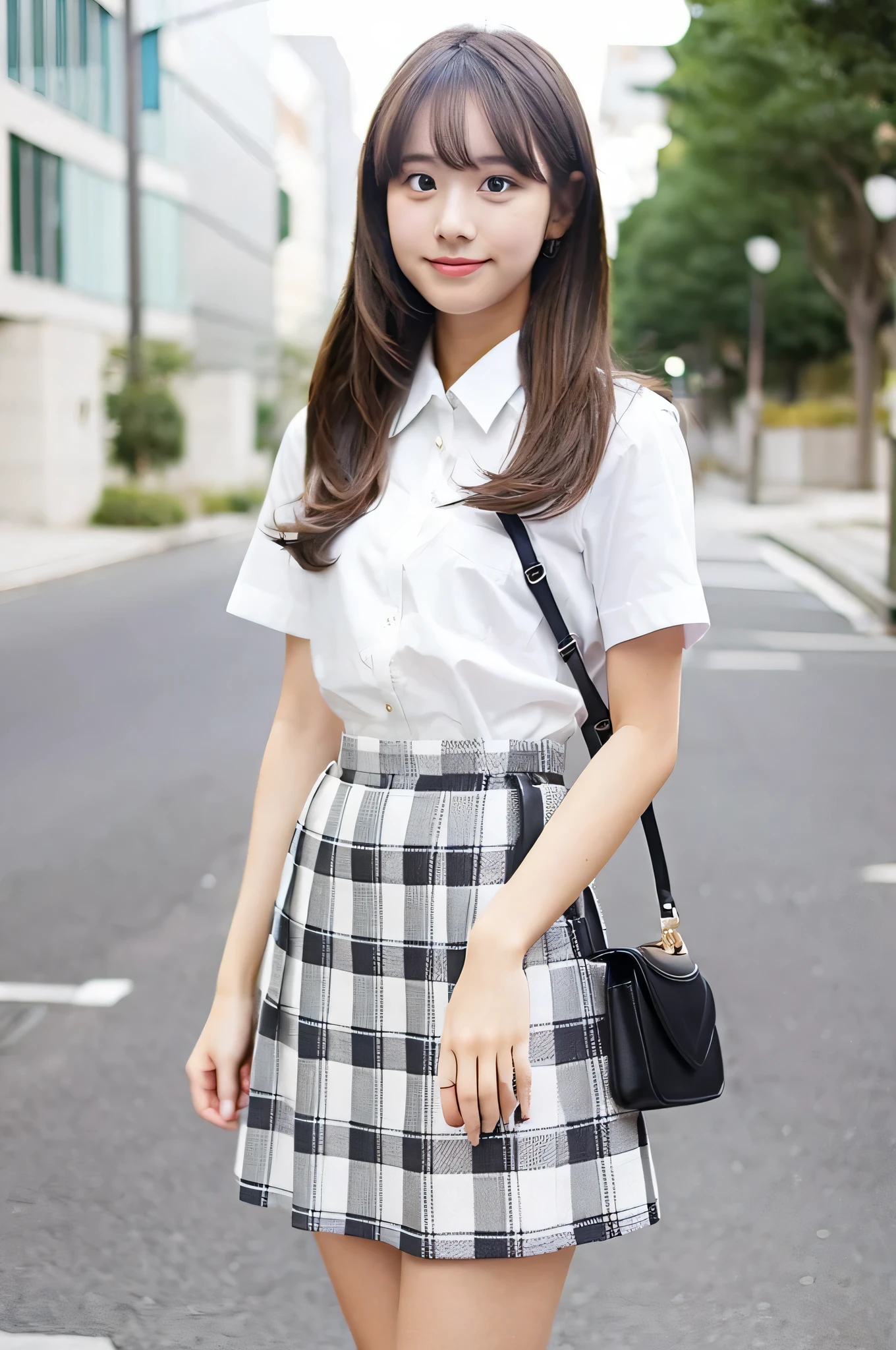 super mini skirt（gray and white plaid）20 year old high school girl wearing a white shirt
