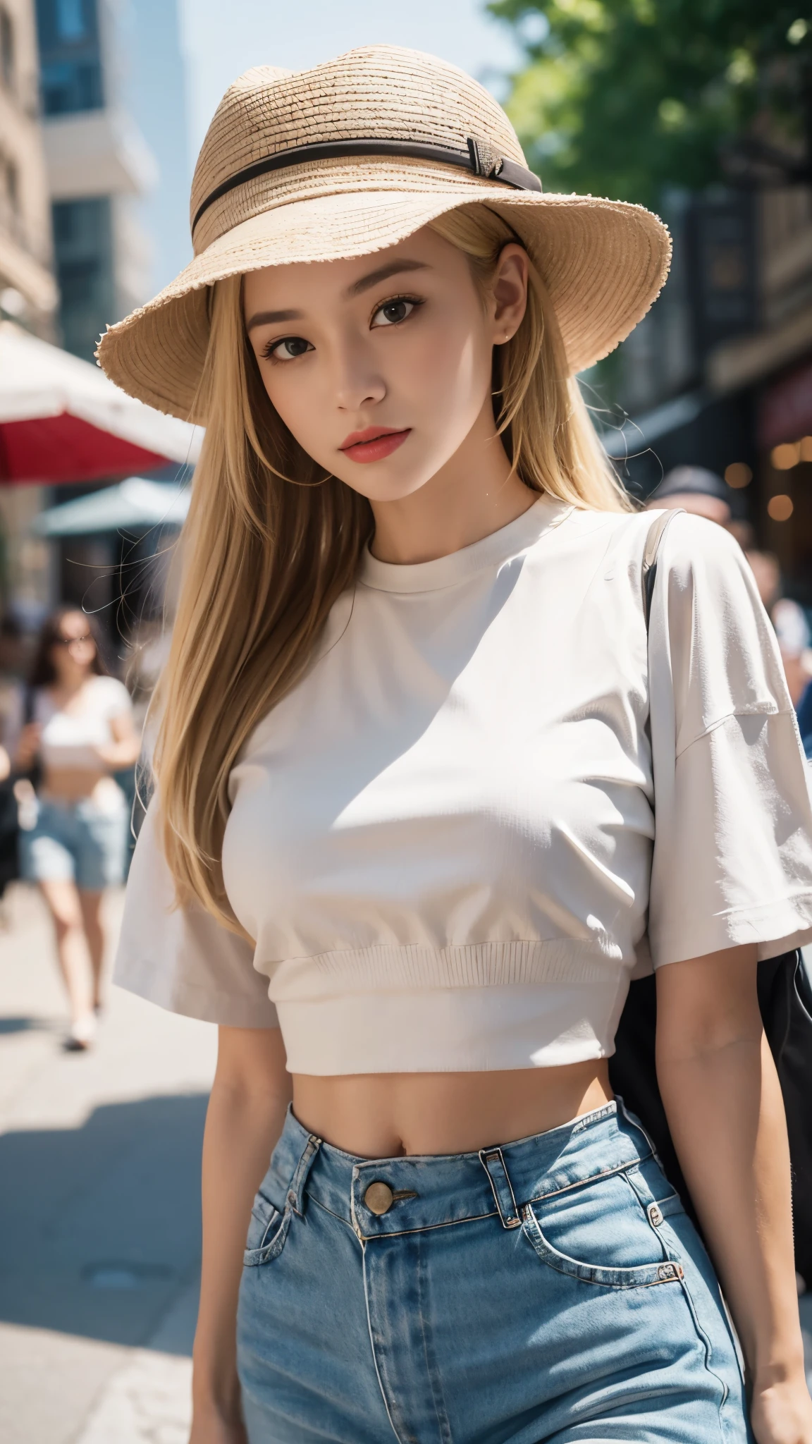 Close up A woman blonde hair wearing crop top shirt and hat walking on the front city