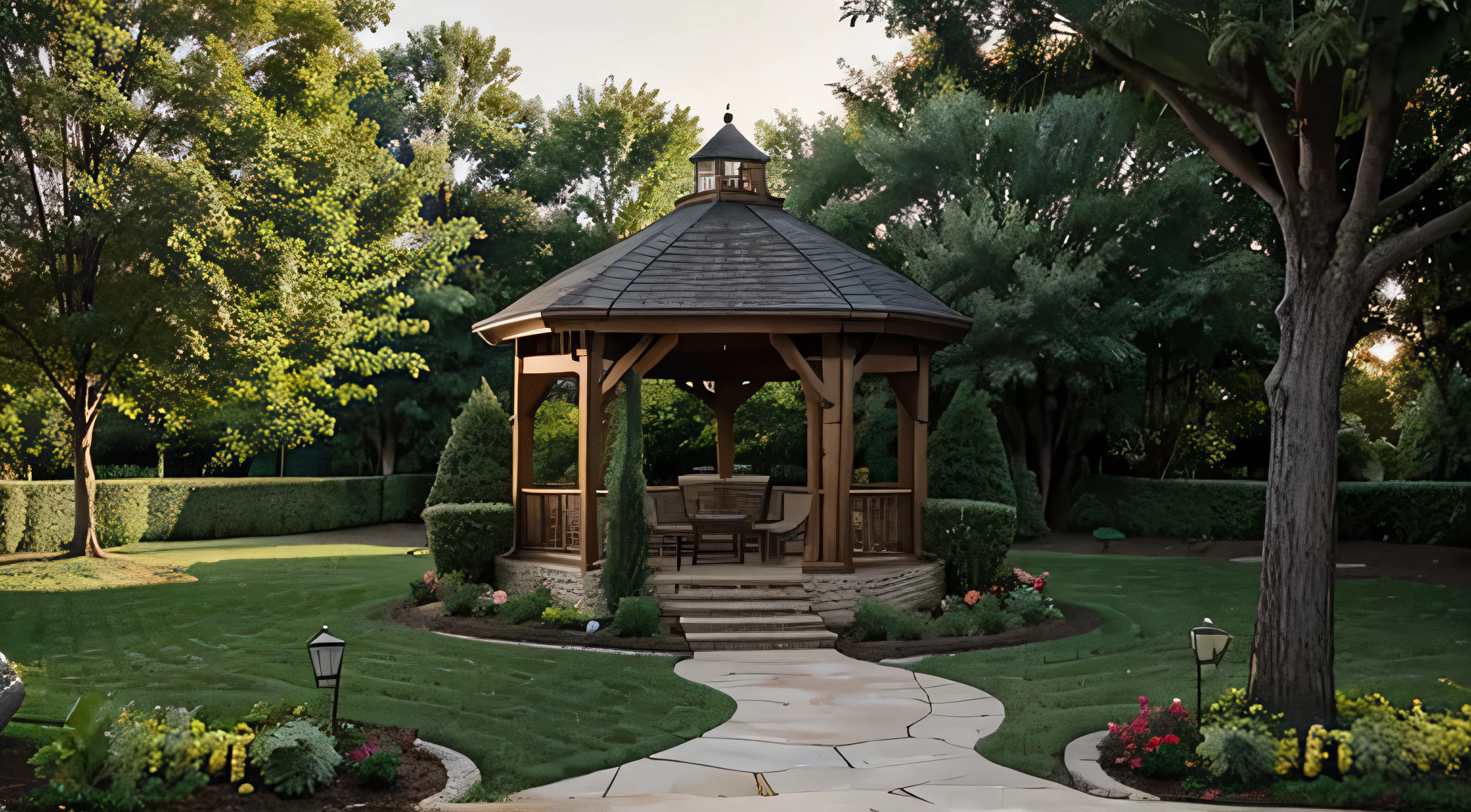 large backyard garden with large trees and corn garden and small gazebo