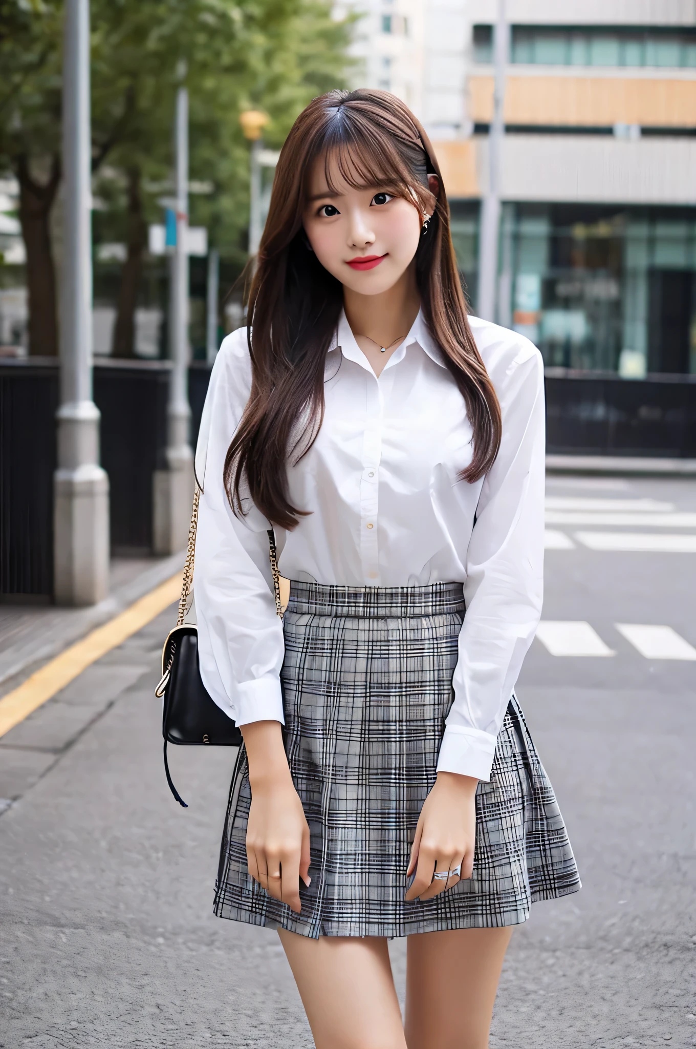 super mini skirt(Gray plaid)20 year old high school girl wearing a white shirt.