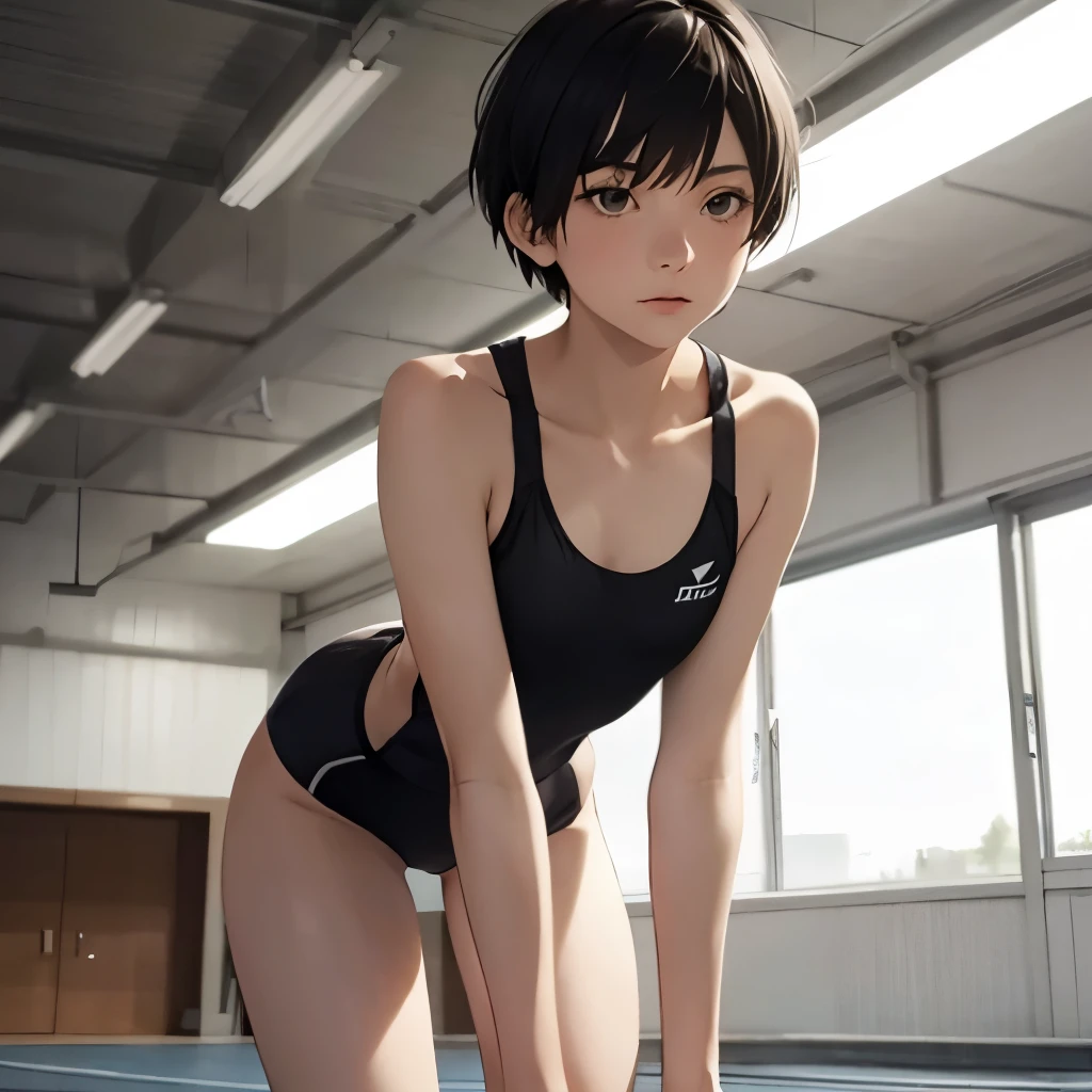 A girl, very short hair, Front View, Composition from head to thigh, slender, flat chest, One-person viewpoint, pale skin, track team, black hair