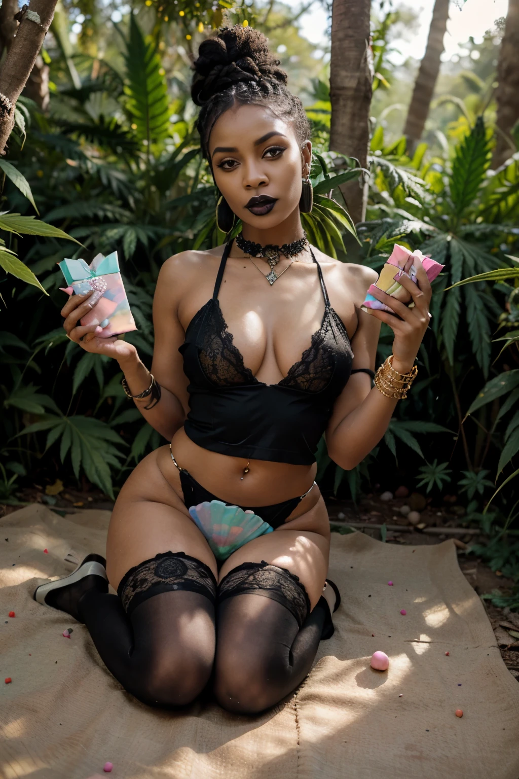 ((Benevolent ((African-American)) ((pastel goth)) goddess)) with (boxbraids hairstyle) sitting in an opulent jeweled throne while (holding and eating box of jellybeans), wearing diamond stud earrings, wearing a beautiful intricate lace top revealing dainty navel piercing, traditional flash tattoos on arms and legs, (wearing intricate chunky wooden bracelets) and tight thigh high stockings, plump thighs, candy boxes and candy wrappers on floor, high quality photo, sunbathing in the middle of (dense cannabis sativa forest) during golden hour,