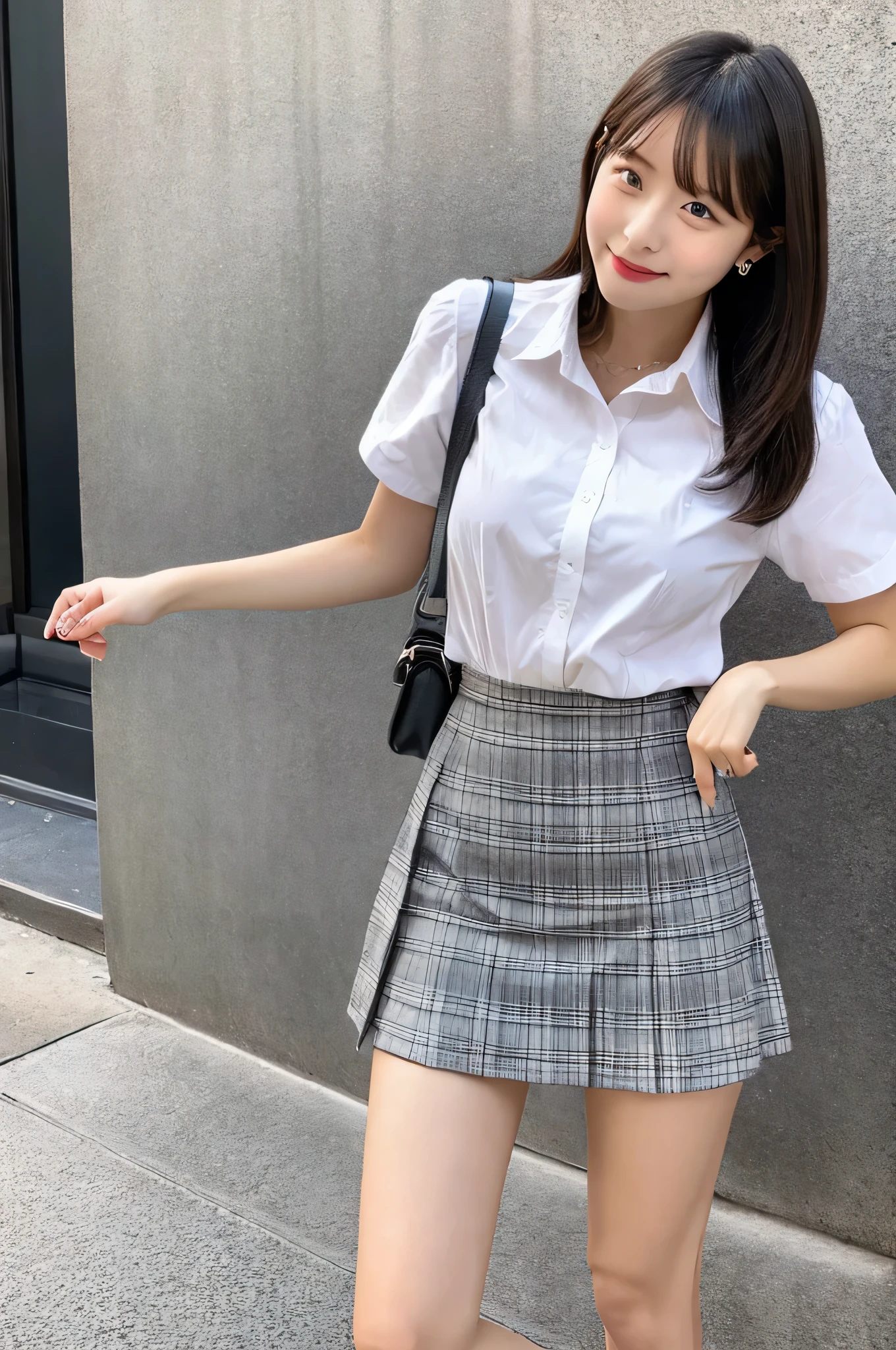 super mini skirt(Gray plaid)20 year old high school girl wearing a white shirt.