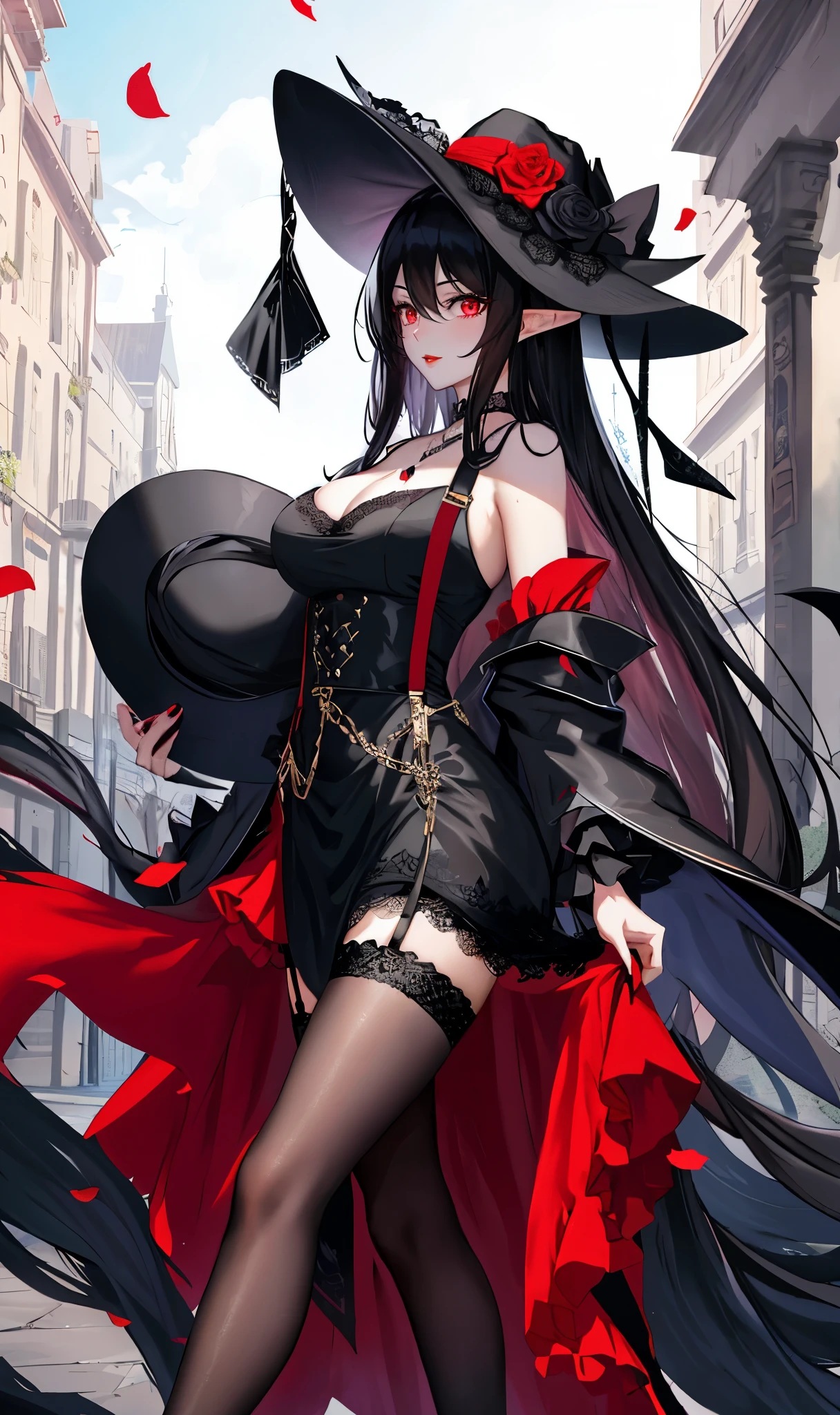 long black hair,close up,dream world,Elf royal sister,long black hair凌乱的发丝,red lips,Nice red eyes,ruins background,Black Rose Garden,grace,Manicure,Huge wide-brimmed black hat,(Black lady hat),necklace,humanoid,Baroque, Her skin is very white, fair complexion,(Black lace long dress,Black lace suspenders),pointed toe high heels,