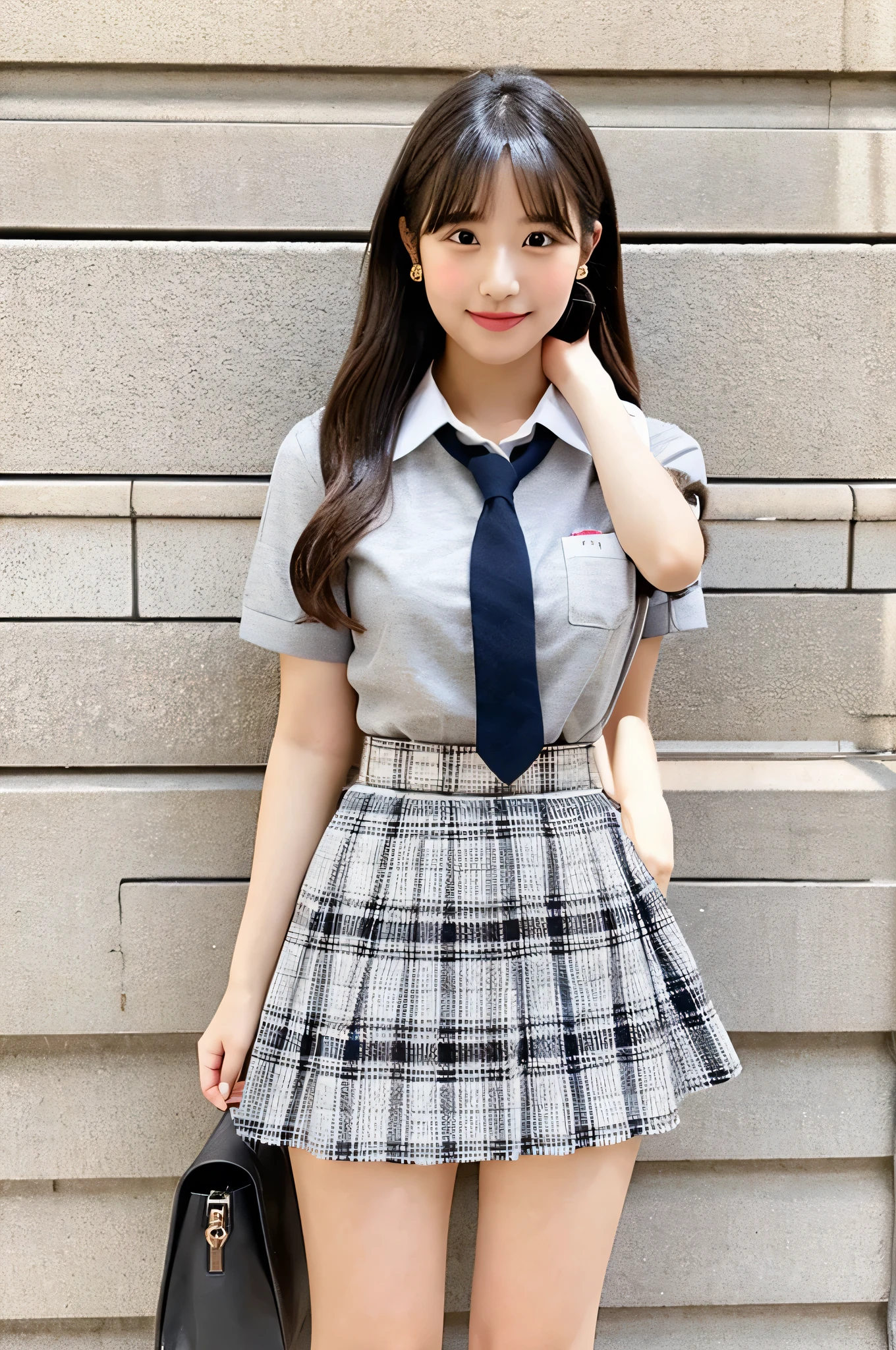 super mini skirt（gray and white plaid）20 year old high school girl wearing a white shirt.