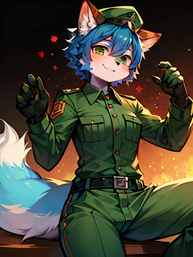 Blue-haired fox，Furry，hairy，:3，green military uniform，Dark green military cap with red star