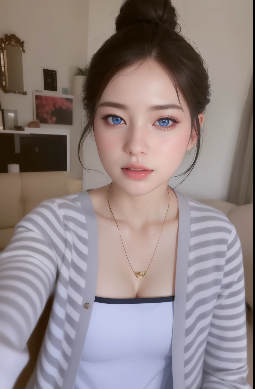 Beautiful big breastokeh), indoors, detailed luxury living room, gentle and charming beautiful goddess, Korean(kpop-idol), solo, necklace, oval face, double eyelids, smart, good hands, good feet, Natural, (from below angle), (glossy skin:1.05), ((low angle)), Perfect figure, (64k, UHD, RAW photo, best quality, masterpiece:1.4), (realistic, photo-realistic:1.37), ultra high res, photon mapping, radiosity, physically-based rendering, professional soft lighting, blue eyes, purpel hair