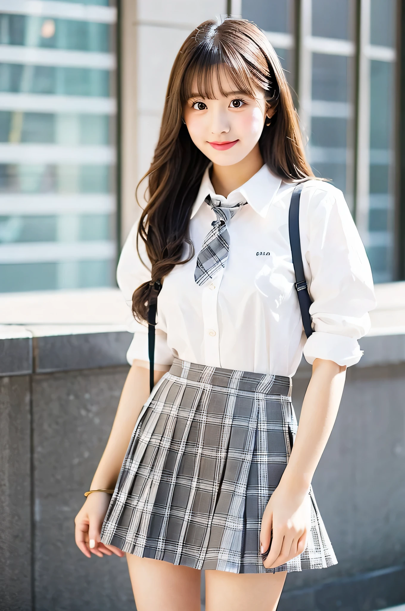 super mini skirt(gray and white plaid)20 year old high school girl wearing a white shirt.