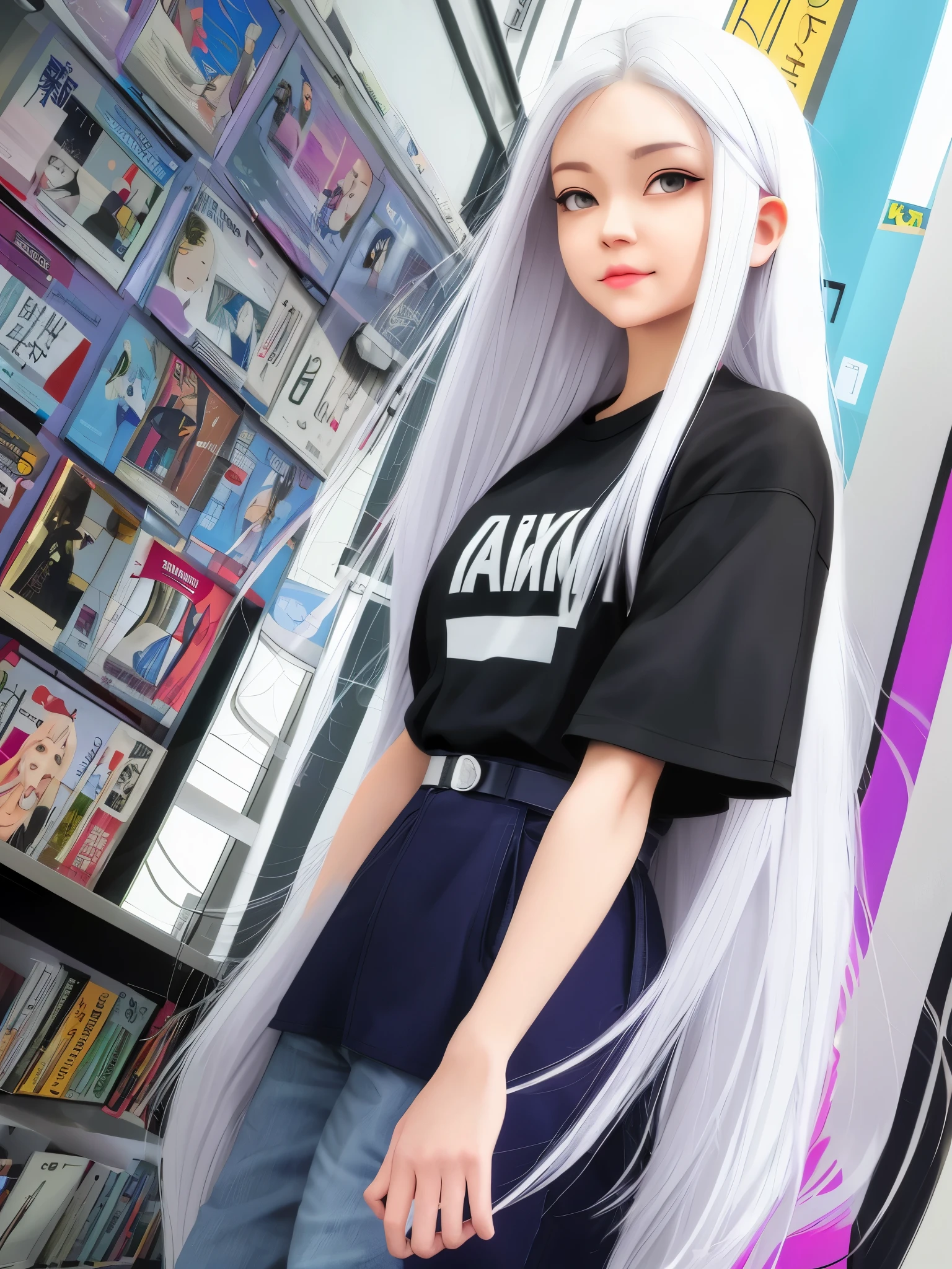 Anime girl with long white hair and purple shirt standing in front of the newspaper, Retro anime girl, Perfect white haired girl, white haired Cangcang, Girl with white hair, Ross Tran style, ilya kuvshinov with long hair, white haired lady, Anime style illustration, In the style of Ross Tran, trending on artstration, anime graphic illustration, ross tran!!!