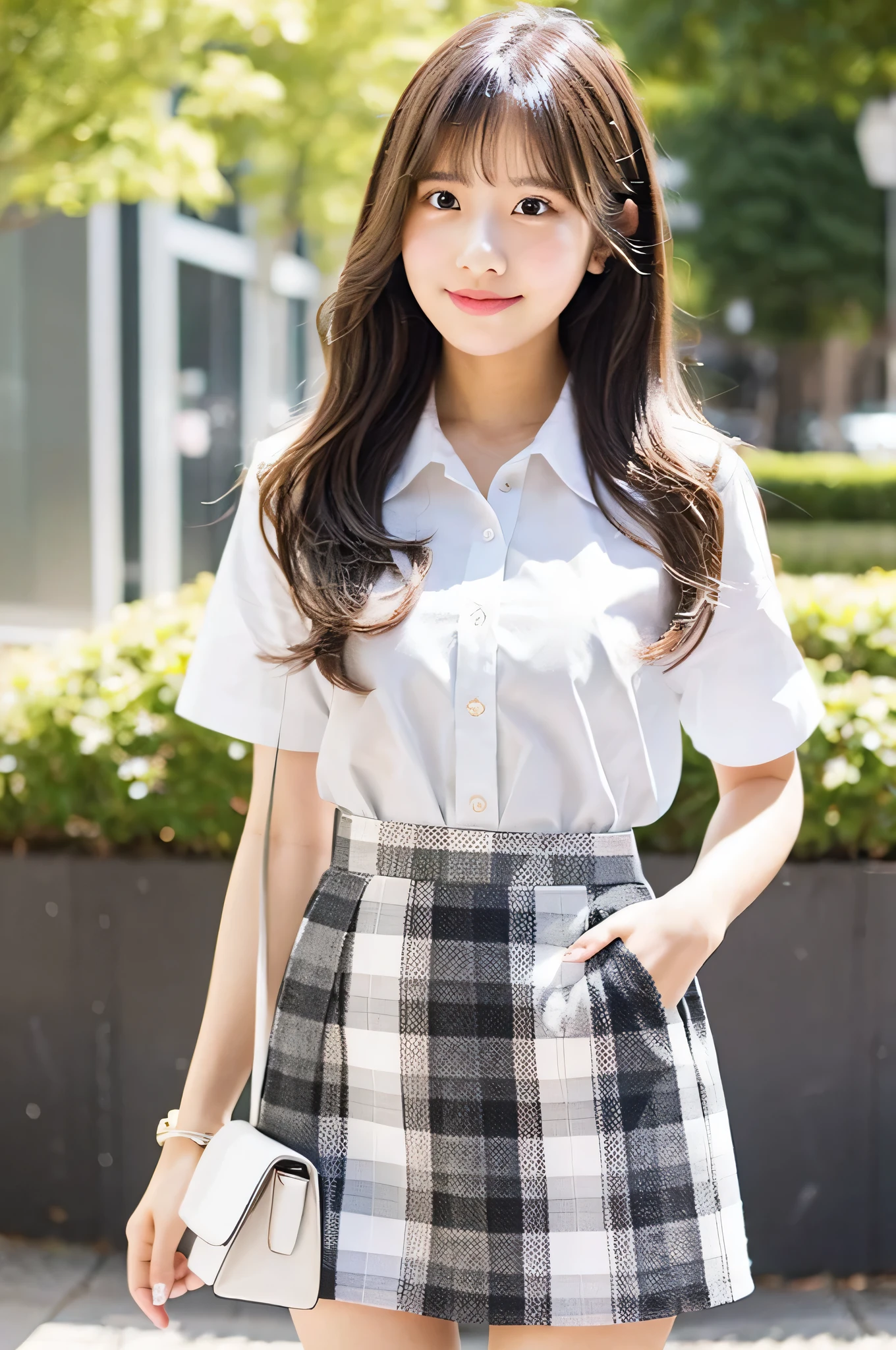 super mini skirt（gray and white plaid）20 year old high school girl wearing a white shirt.