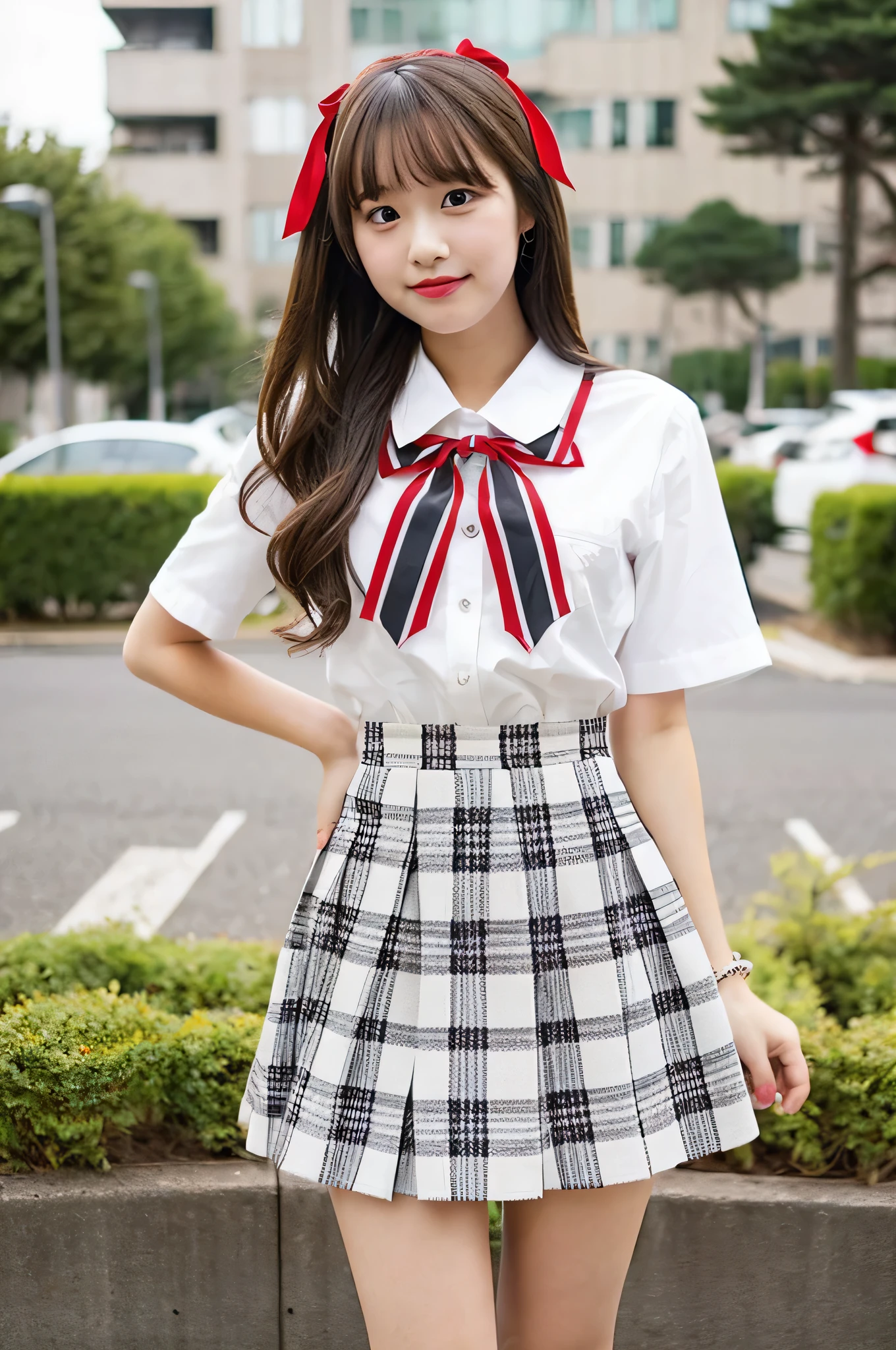 super mini skirt(gray and white plaid)20 year old high school girl wearing a red ribbon and white shirt.