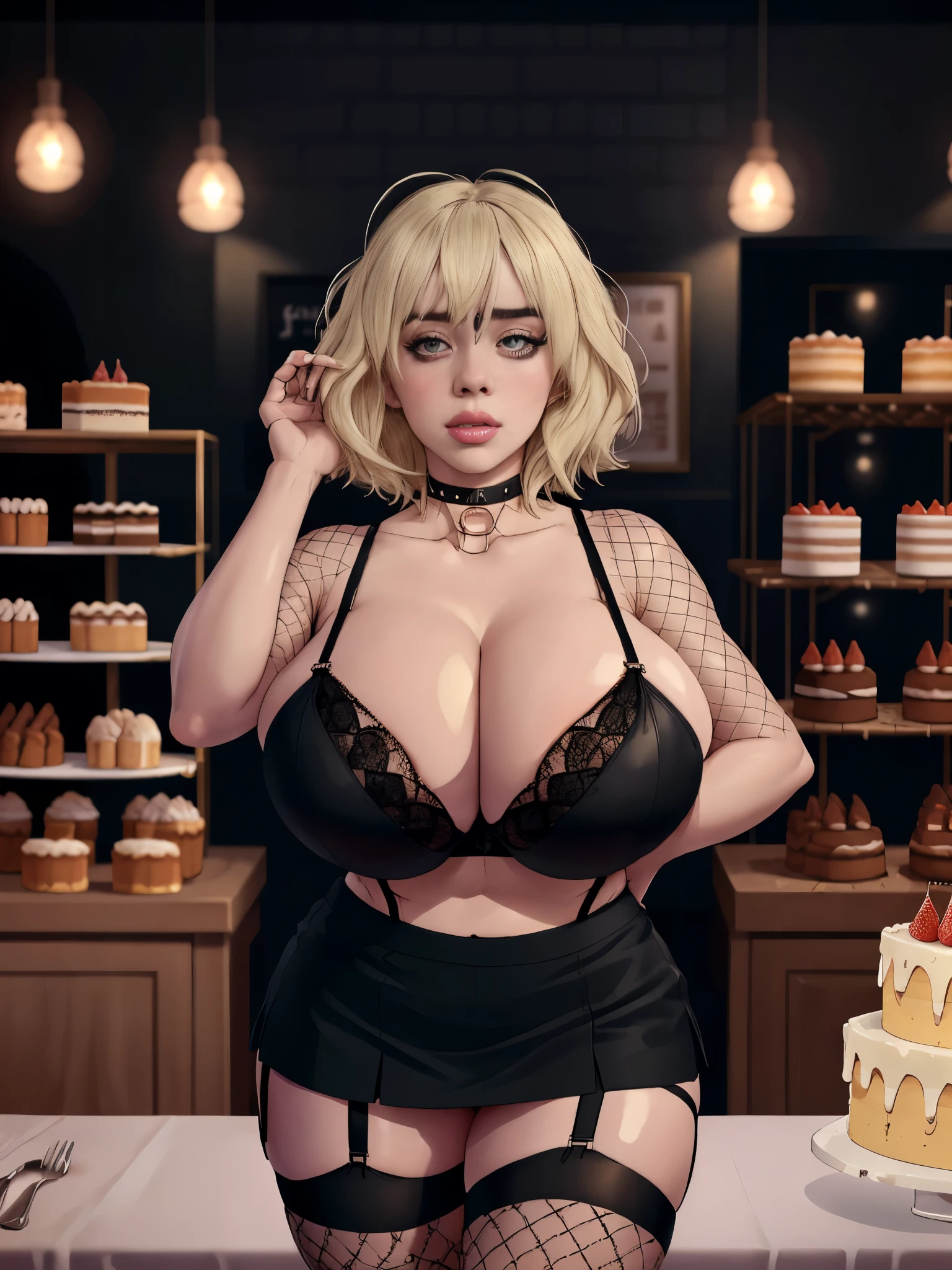 Billie Eilish, masterpiece quality, lots of detail, realistic, studio lighting, in a bakery,, lots of cake in background, lots of cake on table, short hair, sexy pose, wearing choker collar, wearing black mini skirt, wearing black crop top, wearing fishnet stockings, wearing garter straps, short skirt, gigantic breasts, (gigantic breasts:1.2),