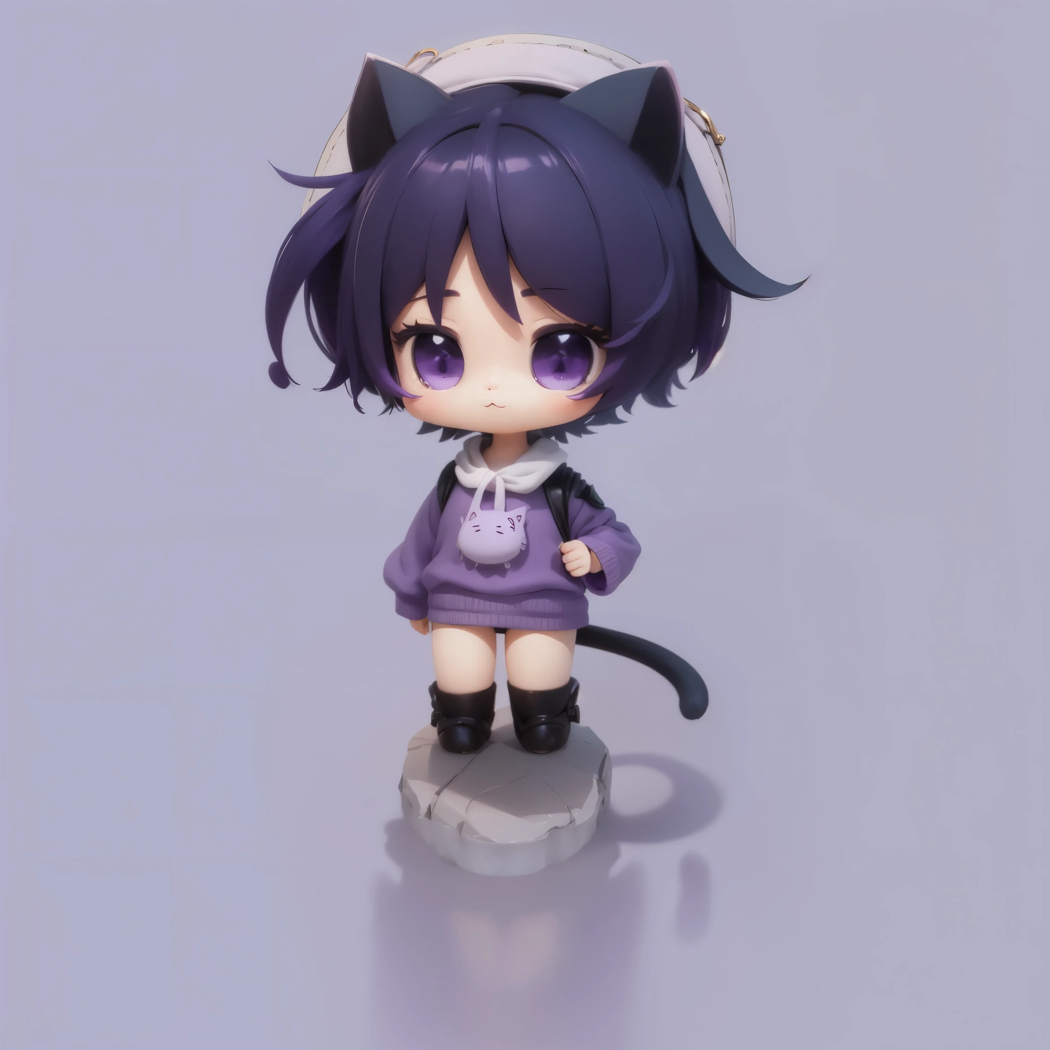 C4d modeling 3d rendering high-definition soft color ultra-light clay material blind box hand-made style girl，Purple hair，Purple clothes，Purple eyes with cat tail，Has cat ears，Anthropomorphic cat wearing a hat, cute, beautiful, fine lines, Morandi color scheme
