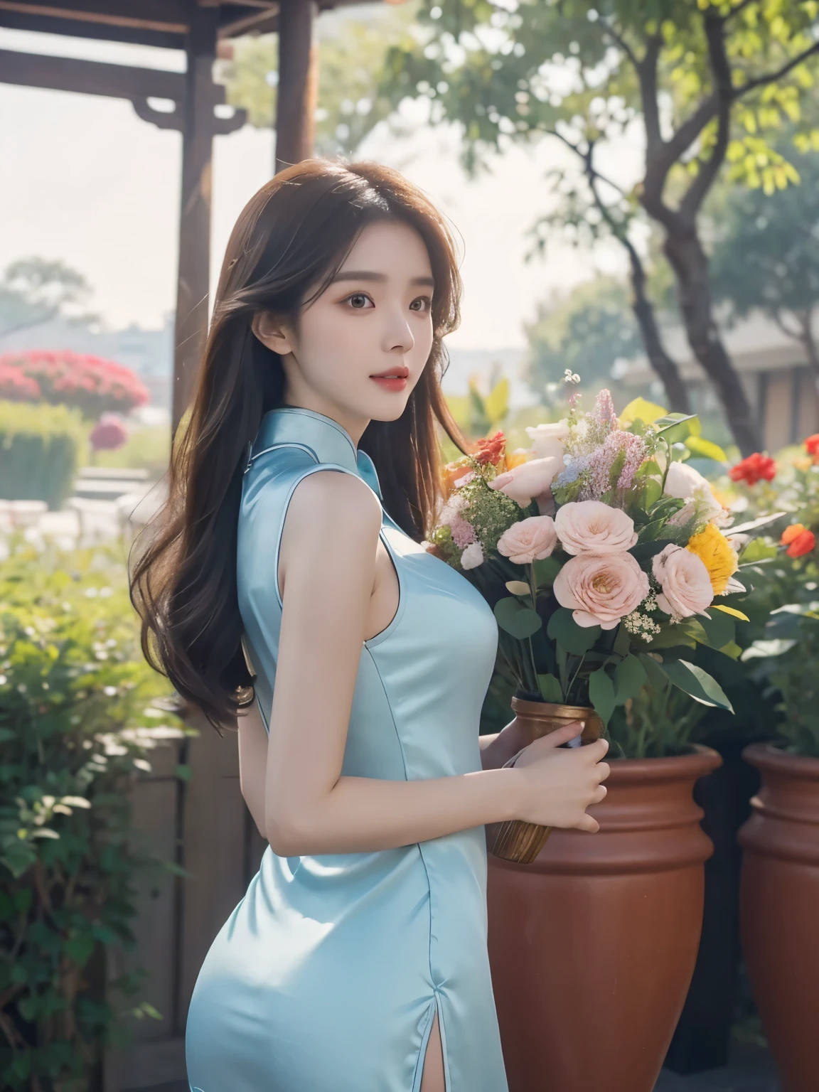 (big breasts), E cup size, tight hips, thin waist. Yoona, realistic, real person, long hair, 8k, cute, wearing a ((hollow low-cut cheongsam)), emphasizes expressions, clothing details, body proportions, animal furs, the characters should not be too small, and the facial features should be clear, half-length shot. side view:1.5, back view:1.5, Flowers in pots, looking at flowers, there's flowers everywhere