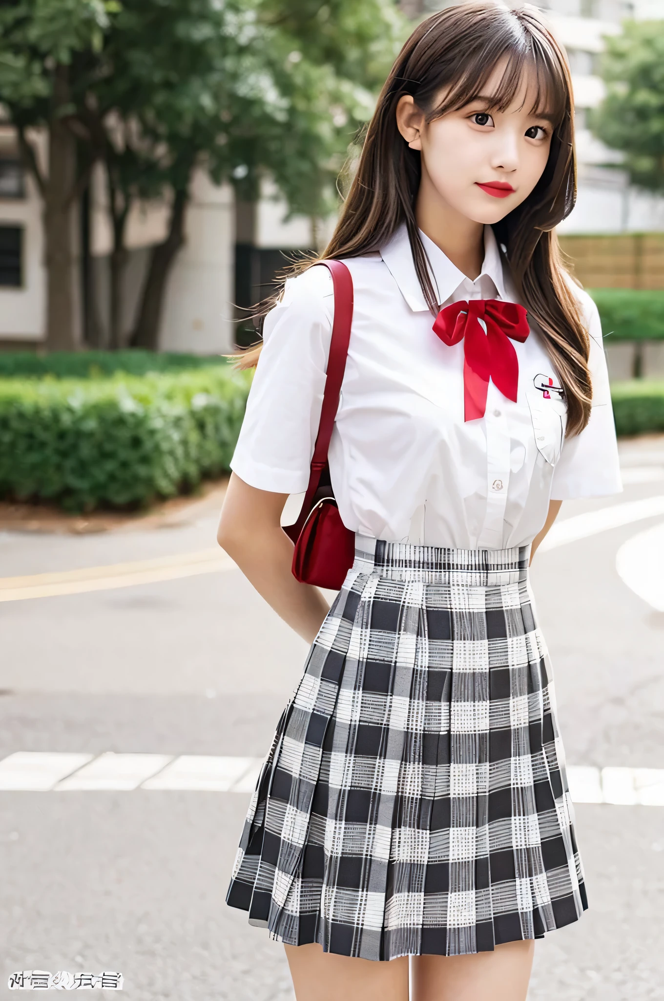 super mini skirt(gray and white plaid)20 year old high school girl wearing a red ribbon and white shirt.
