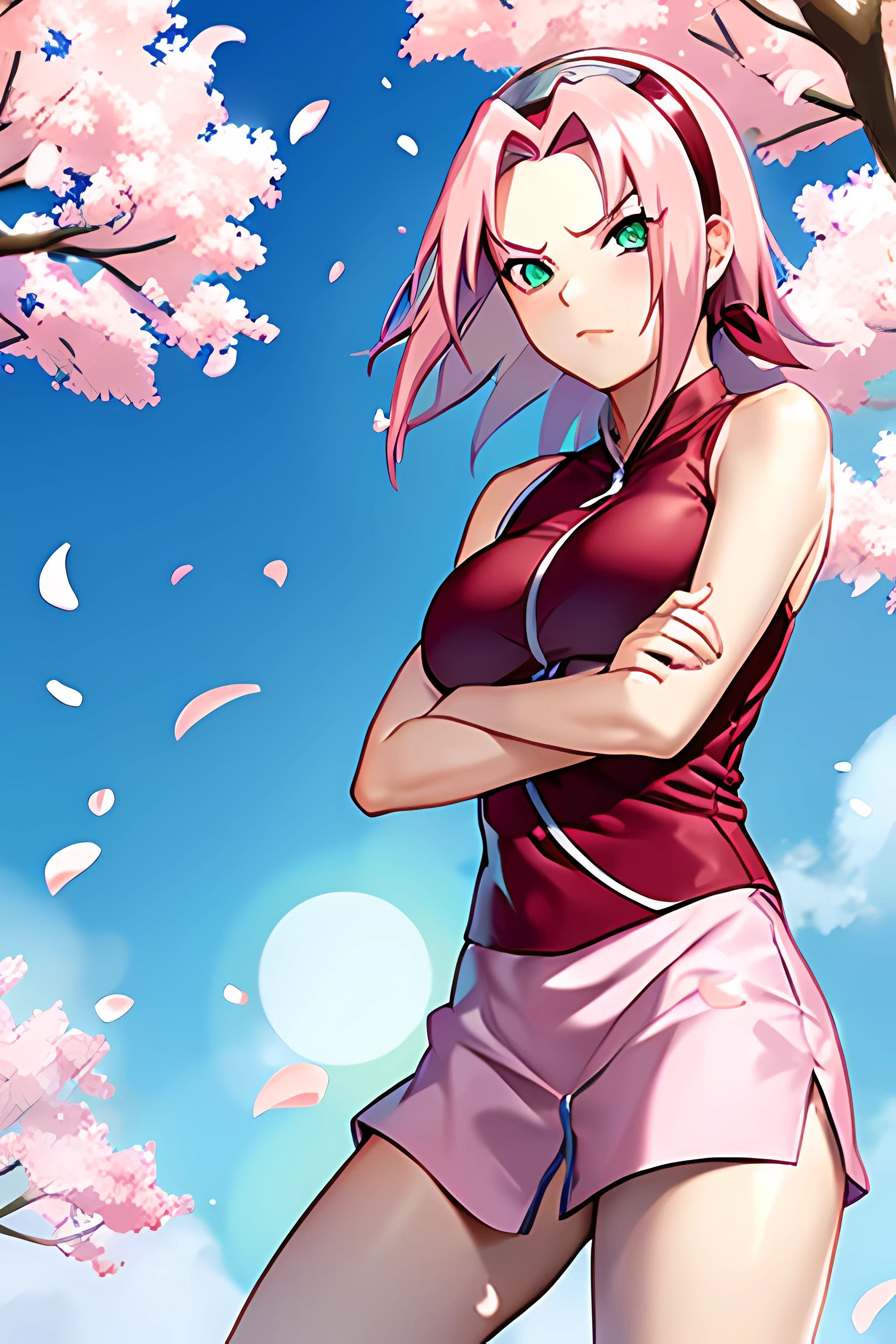 haruno sakura, naruto \(series\), naruto shippuuden, anime art style, masterpiece, 

looking at viewer, upper body, 

fighting pose, clenched hands, closed hands, contracted fingers, arm stretched out, raised fist, about to punch, detailed fist,  focus fist,

red shirt, shirt, short hair, sleeveless, sleeveless shirt, forehead protector, hairband, konohagakure symbol on hairband, ((bare thighs)),

1girl, solo, bangs, breasts, closed mouth, elbow sleeve, eyes visible through hair, floating hair, foreshortening, green eyes, hair intakes, parted bangs, pink hair, small breasts, v-shaped eyebrows, detailed background, outdoor, cherry blossoms, sky, cloud, wind, day, sunlight, ((large breasts))