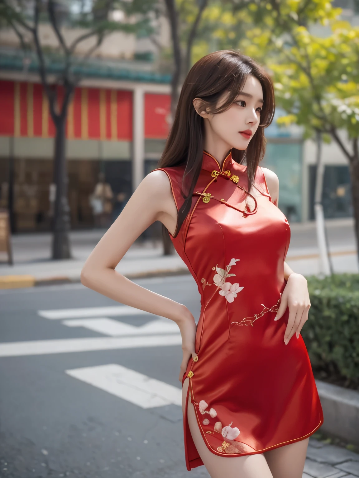 (big breasts), E cup size, tight hips, thin waist. Yoona, realistic, real person, long hair, 8k, cute, wearing a red ((hollow low-cut cheongsam)), emphasizes expressions, clothing details, body proportions, animal furs, the characters should not be too small, and the facial features should be clear, half-length shot. side view:1.5, peach Flowers