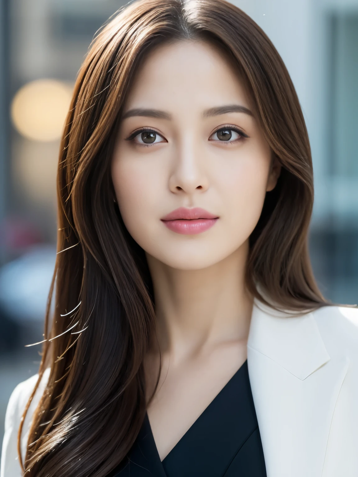 ((Angelina Sole)),((highest quality, 8K, masterpiece : 1.3)), sharp focus : 1.2, beautiful woman with perfect figure : 1.4, slim abs : 1.2, ((dark brown hair)), (Natural light, city street : 1.1), Highly detailed face and skin texture, fine eyes, double eyelid、((professional makeup:1.3))、((sexy milf:1.3))、thick lips、lip gloss、eye make up,((arabic:1.3)),close-up portrait, Model body、wearing a business suit, sharp focus, perfect dynamic composition, 美しくてfine eyes, thin hair, ((White department:1.3))