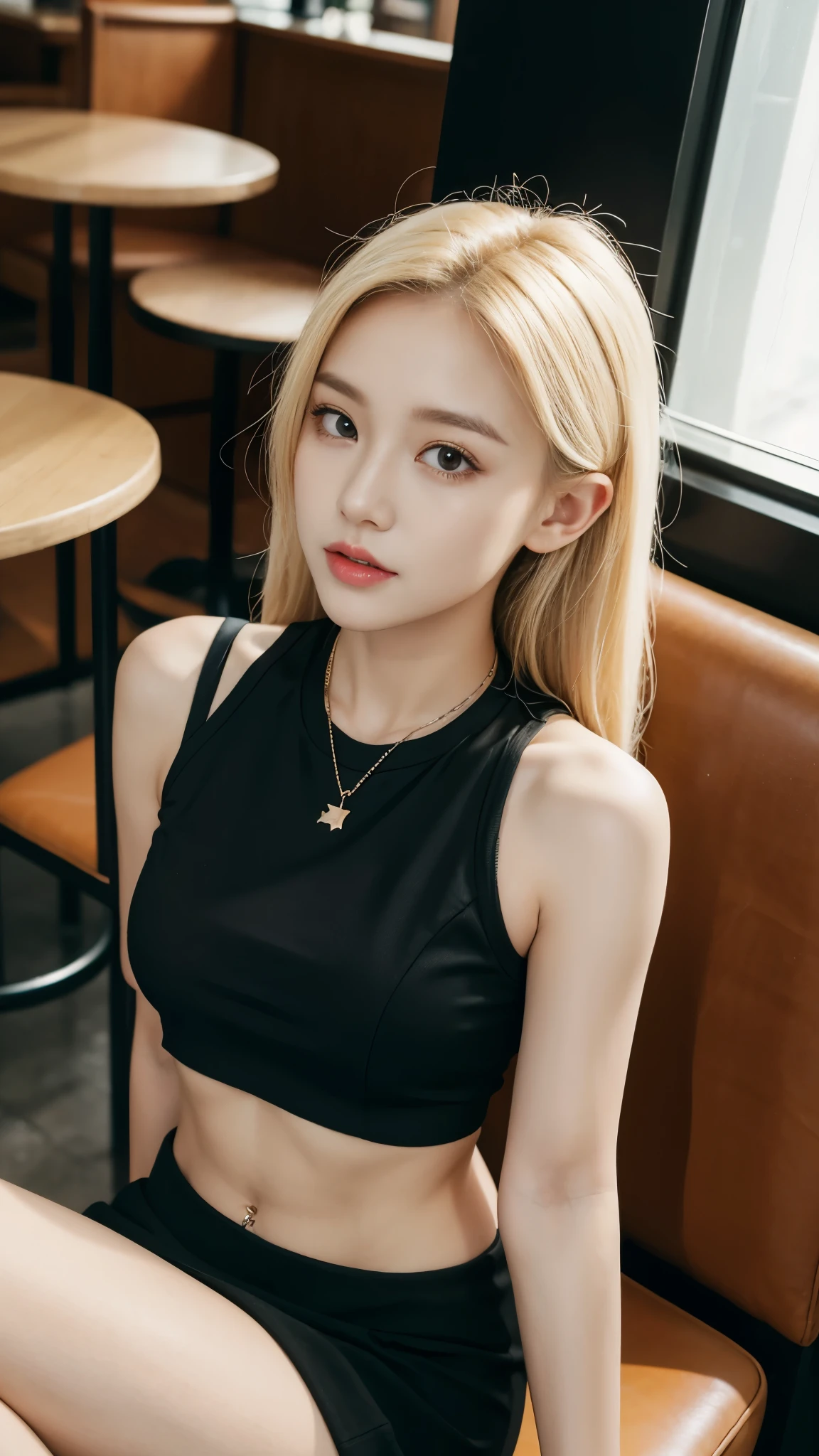 Close up A woman blonde hair wearing crop tank top and black jacket with mini skirt sitting on the chair in a cafe