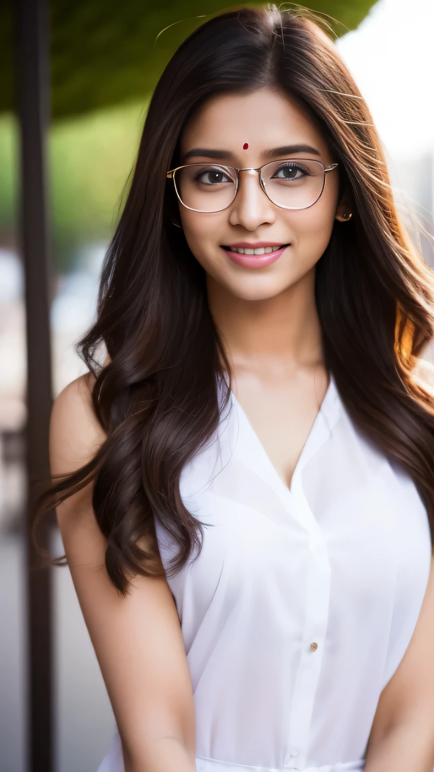 (best quality,realistic),portrait,one indian gorgeous 23 years old woman, smile, beautiful, clear facial features, business meeting, business outfit, outdoor, half body, wearing glasses, modeling photography