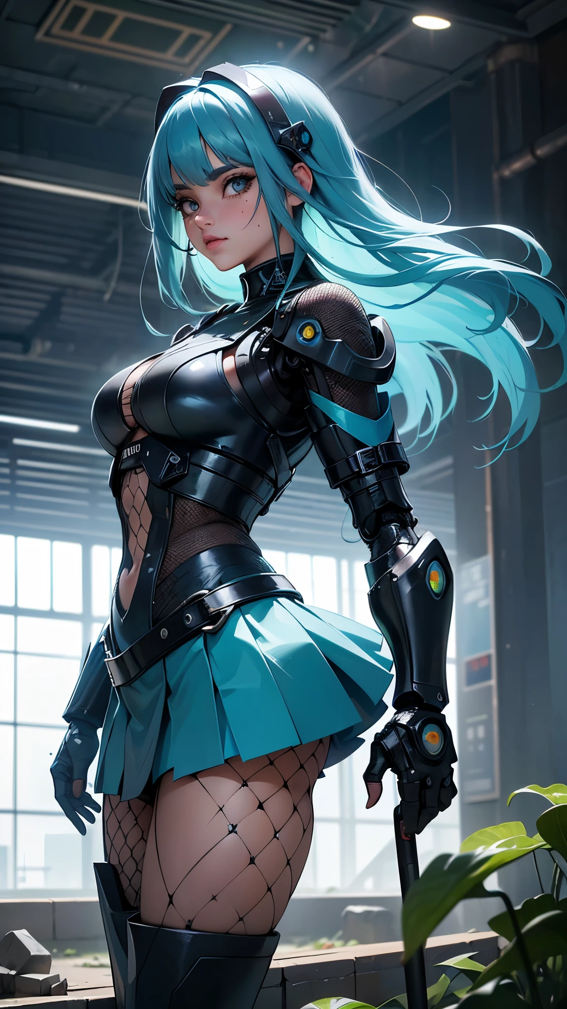 (La mejor calidad,A high resolution,Ultra - detallado,actual),Ariana Grande with miniskirt and neon top, (miniskirt negro colegiala:1.4),(fondo aeropuerto abandonado ciberpunk ruinas:1.4), ,More detailed 8K.motor irreal:1.4,UHD,La mejor calidad:1.4, fotorrealista:1.4, textura de la piel:1.4, obra maestra:1.8,obra-prima, mejor calidad,objeto Objeto], (detailed face features:1.3),(Las proporciones correctas),(convexo Dedos hermosos detallados)，(fishnet medias:1.4),(Ojos hermosos amarillos), (pose vaquero:1.2),  (cabello largo azul:1.4),(background carnivorous plants climbing abandoned airport:1.4) ,(cyber samurai cyborg:1.4),(fondo large carnivorous wild plants:1.4),(Perfect anatomy), (ciberpunk 2.1) 