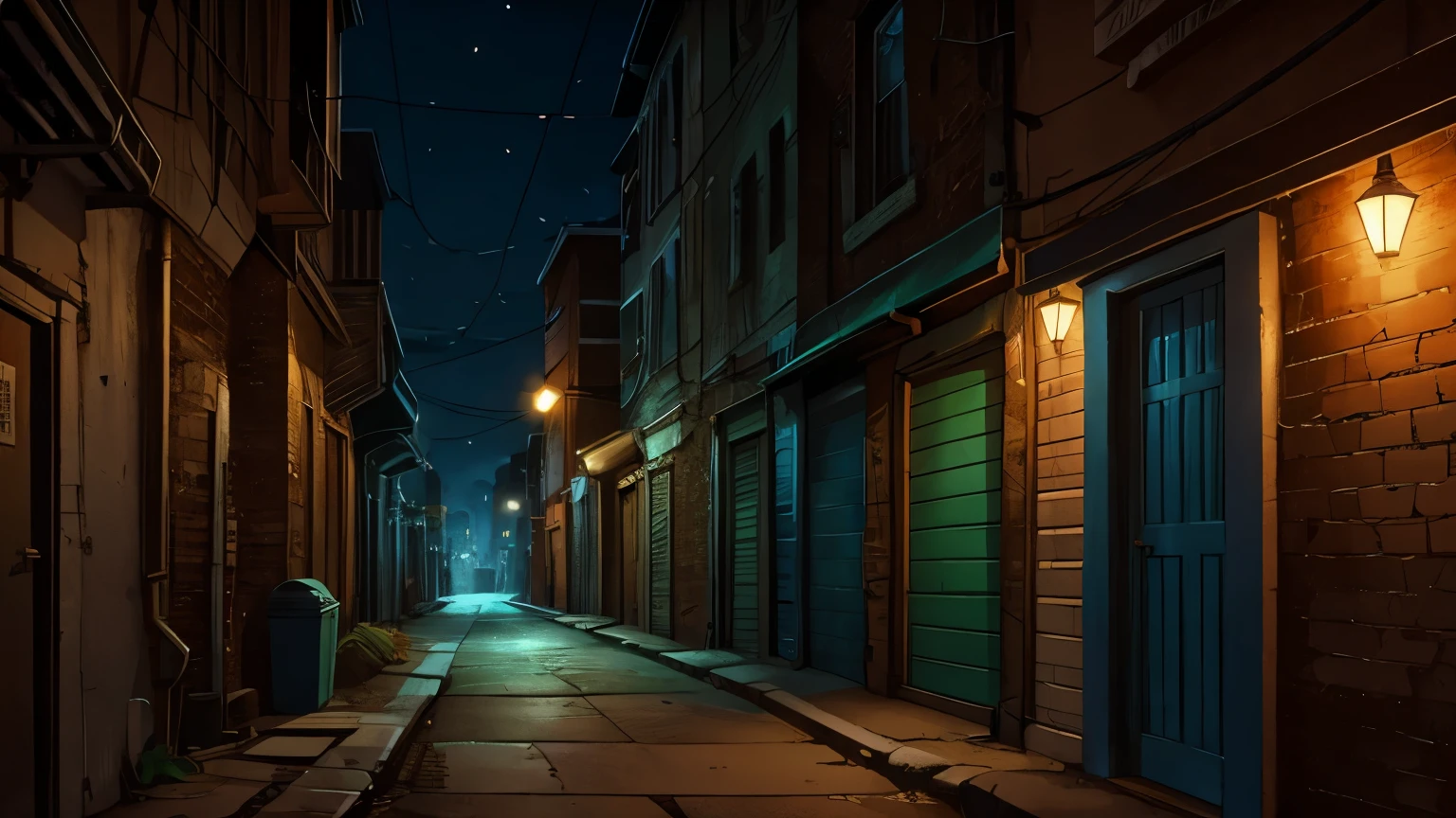 A dimly lit alleyway with a street light and a street lamp - SeaArt AI