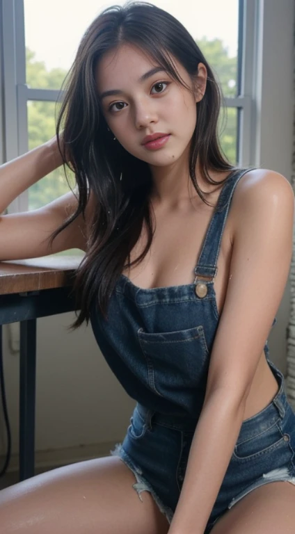 ((1girl)), in sexy overalls outfit, instant camera flash, pose at factory with conveyor belt as a background, makeup with glossy lip, small breasts, (girl in factory:1.4), various angle, ((faced focus)), 22 years old, Beautiful Japanese Girl, laydown pose, (nsfw:1.4), realistic light, realistic skin tone, nipple slip