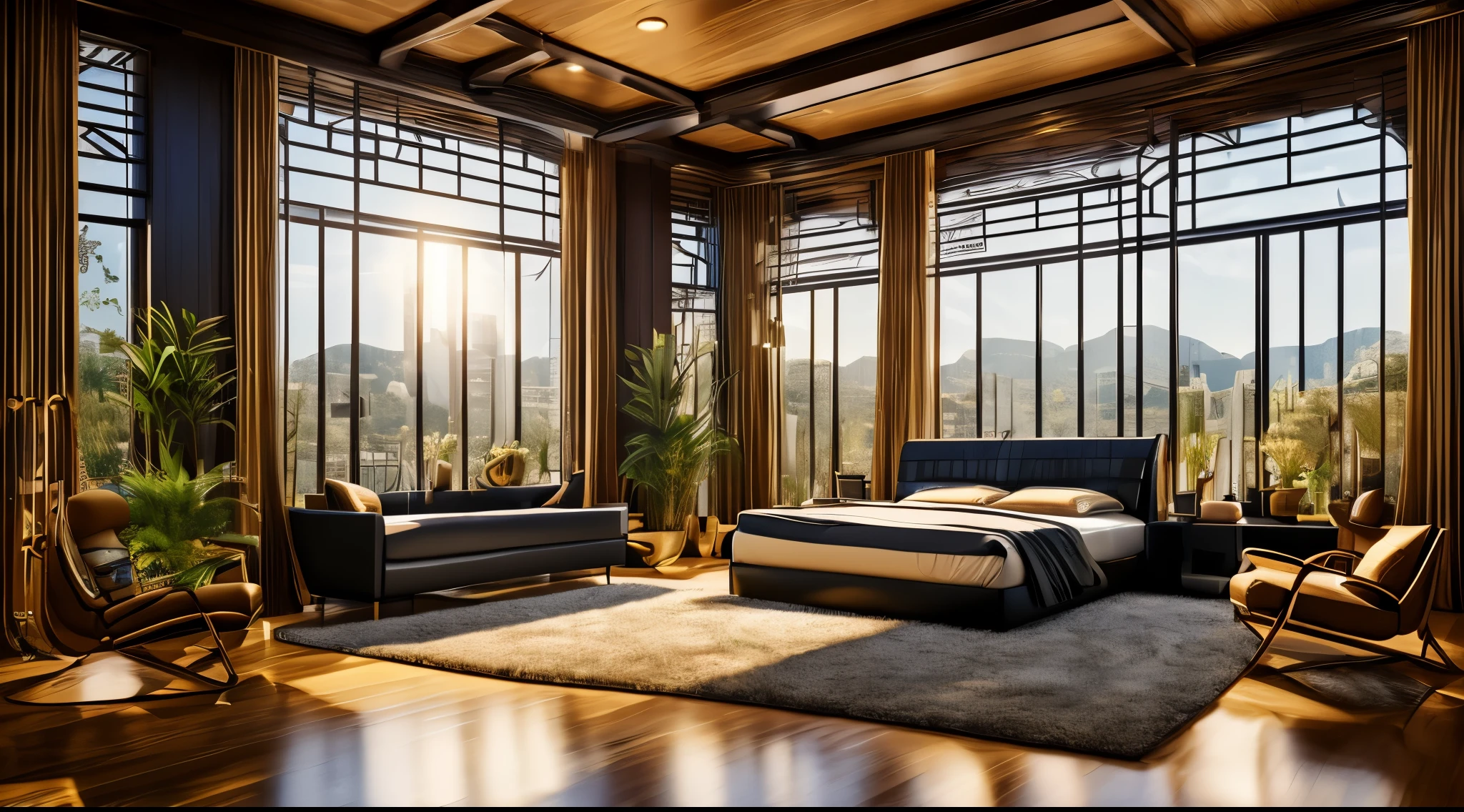 クレイジーな詳細な広角architecture写真, cozy modern living room, Dotted with lights and shadows, award-winning futuristic technology interior design, architecture, bed, interior, architecture, living room, room, carpet, plant, Home Decor, sofa, Chair, interior design full of futuristic technical style, surrealism, art deco, interior architecture, shining light, first person perspective, wide angle lens, panorama, 135mm, UHD, high detail, 8K, High resolution