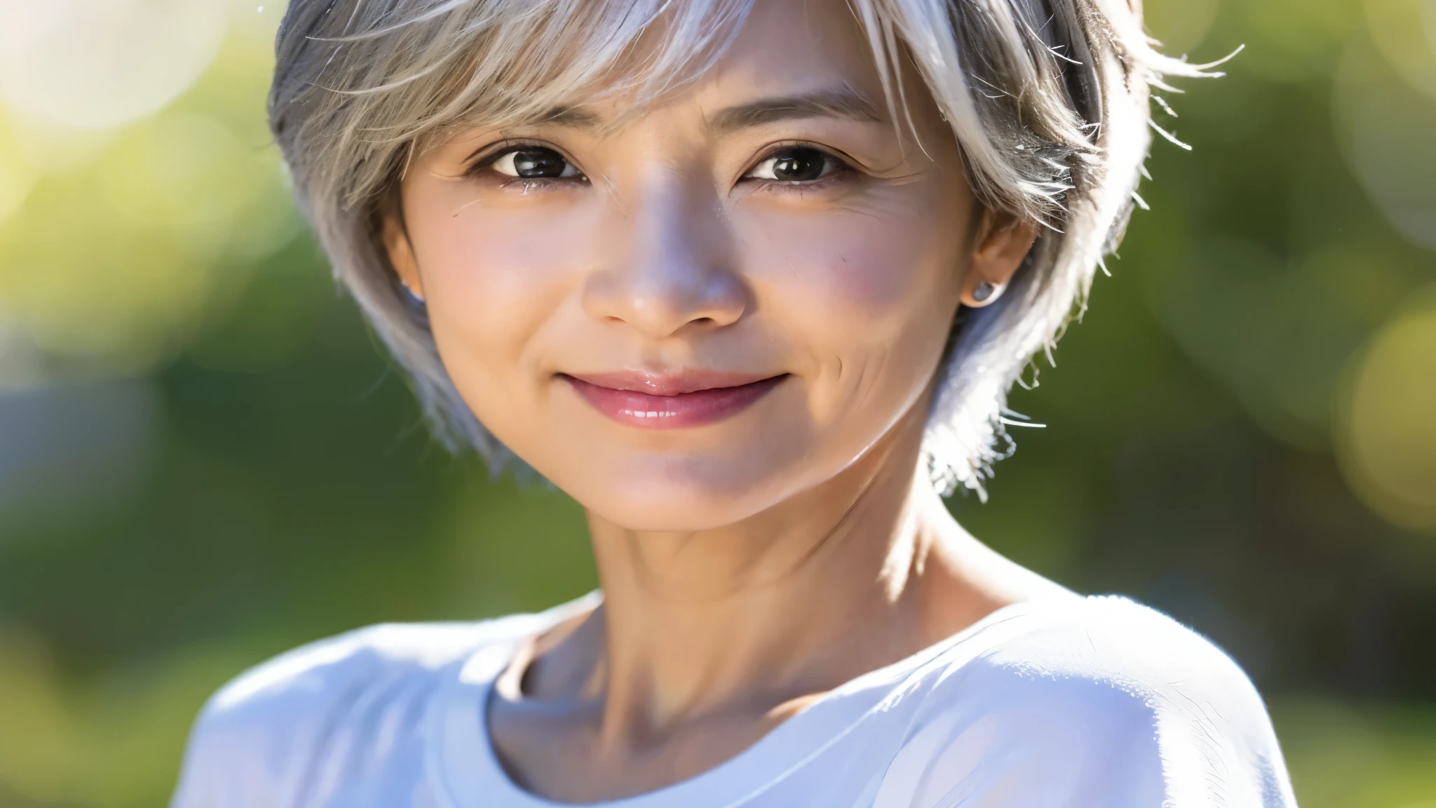 A woman with short hair wearing a white shirt looking at the camera and smiling, portrait photography 클로즈업, closeup headshot portrait, asia woman, white haired lady, Portrait photo, 60mm portrait, Korean woman, an asia woman, detailed portrait photography, Short grey hair, girl with short white hair, mature facial features, japanese girl, portrait 50 year old woman, portrait photography