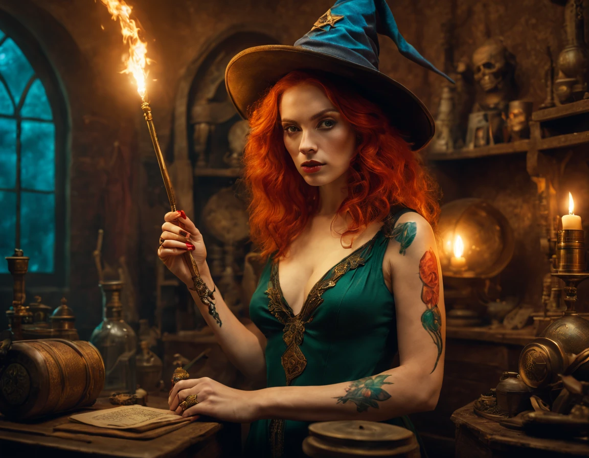 Hyper realism and Nude genre fusion of the styles of Gerald Brom and Victoria Frances, a surrealist theme embodying the mysterious magical nature of the female nature. Redheaded Svetlana Maltseva as Hermione Granger, wielding a magic wand and wearing a hat, in a wizard's laboratory, Colorful vibrant tattoos and body paint covering the entire body. sensual sexual aura, surrounded by mysterious artifacts, a composition that thrives in the surrounding shadows and atmospheric, dramatic luminosity akin to a poster of a matte painting aligned with a golden section, filled with detail rivaling the octane rendering envisioned in 8K resolution, photorealistic conceptual art bathed in soft, underwater, photorealism, soft volumetric lighting.