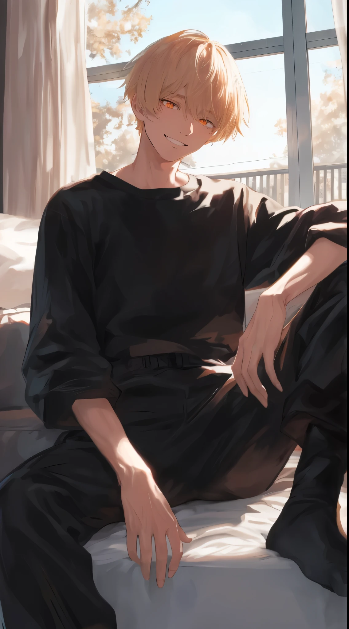 Beautiful young man, blond, ((short hair)), orange eyes, slitted eyes, full black clothes, Nihilistic smile, sitting on floor, elbows on knees, cheekbones, relaxed, large window, white curtains,Japanese anime, Clear line drawing, clear shading, high quality, amount of drawing, pixiv illustration