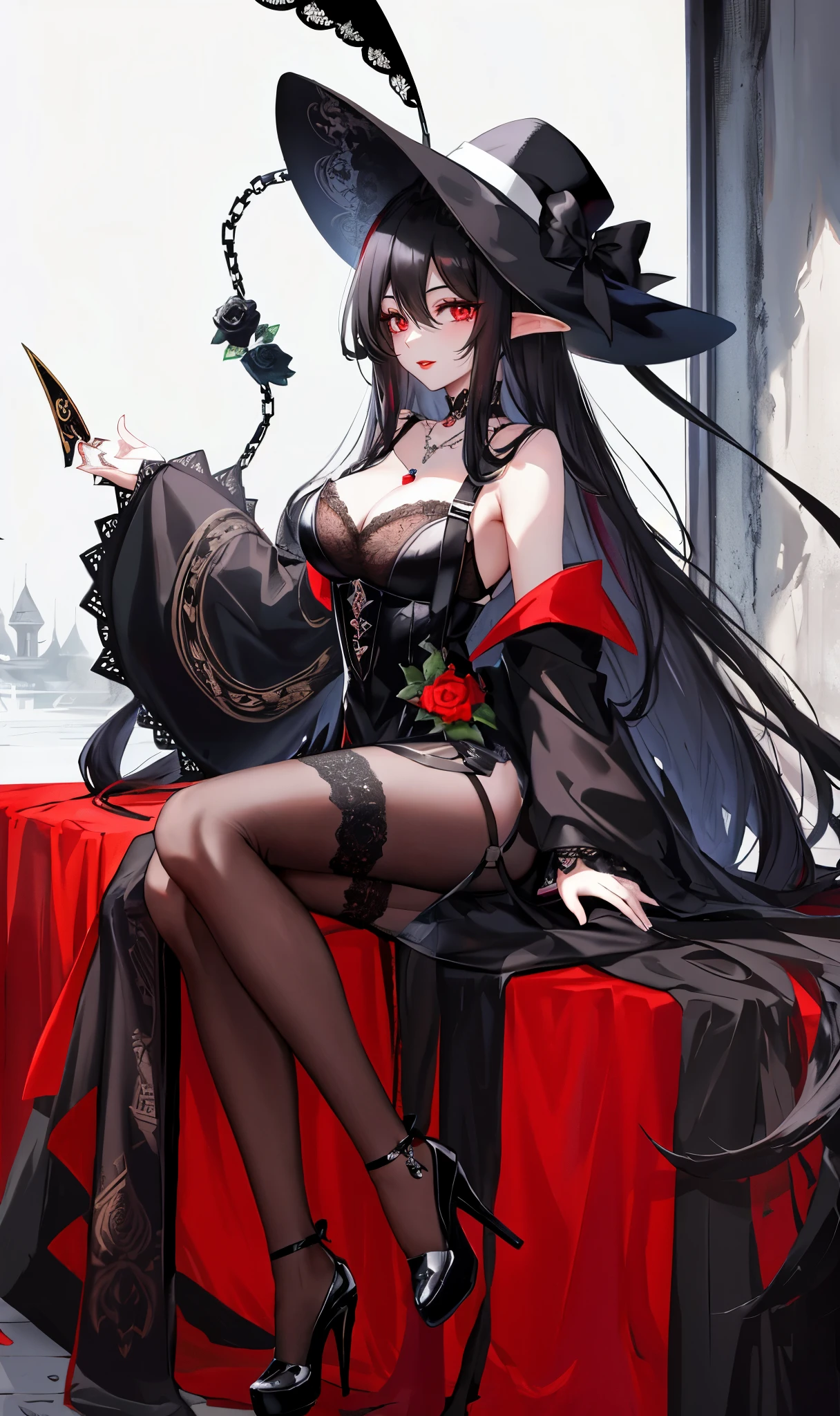 long black hair,close up,dream world,Elf royal sister,red lips,long black hair凌乱的发丝,Nice red eyes,ruins background,Black Rose Garden,grace,Manicure,Huge wide-brimmed black hat,(Black lady hat),necklace,humanoid,Baroque, Her skin is very white, fair complexion,(Black lace long dress,Black lace suspenders),pointed toe high heels,