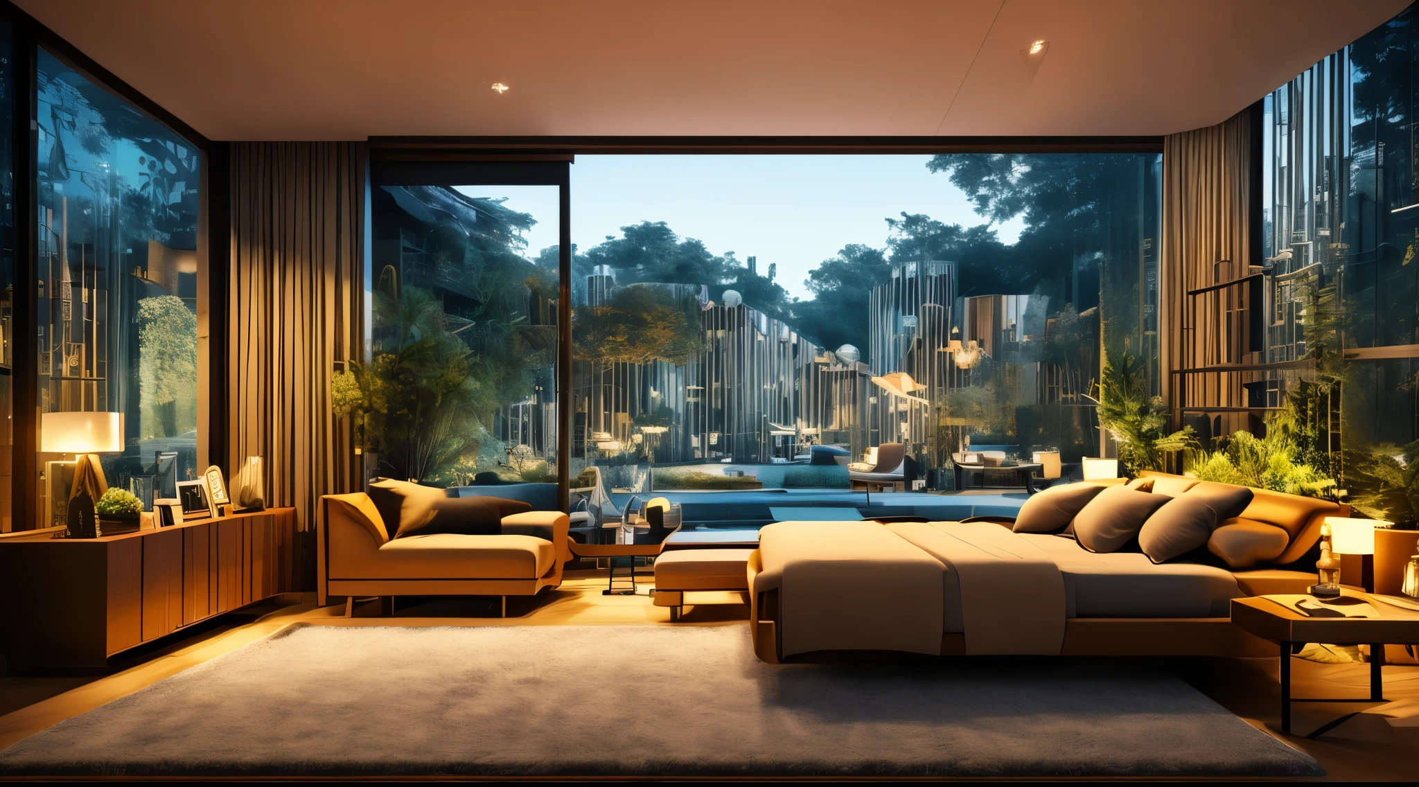 クレイジーな詳細な広角architecture写真, cozy modern living room, Dotted with lights and shadows, award-winning futuristic technology interior design, architecture, bed, interior, architecture, living room, room, carpet, plant, Home Decor, sofa, Chair, interior design full of futuristic technical style, surrealism, art deco, interior architecture, shining light, first person perspective, wide angle lens, panorama, 135mm, UHD, high detail, 8K, High resolution、(((night))),There are many windows、bedは1Two、marble