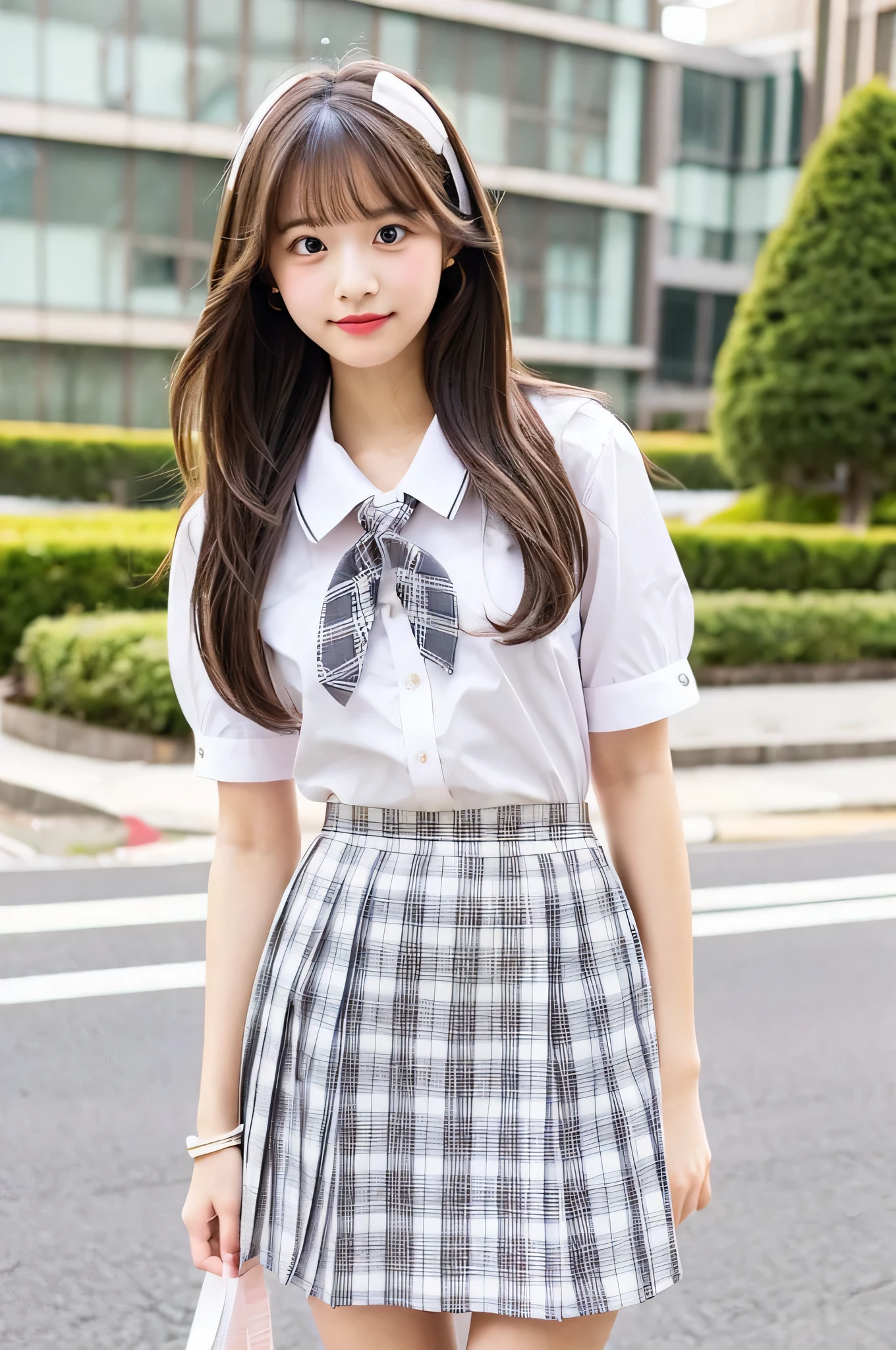 super mini skirt(gray and white plaid)A 20-year-old high school girl wearing a pink ribbon and white shirt.