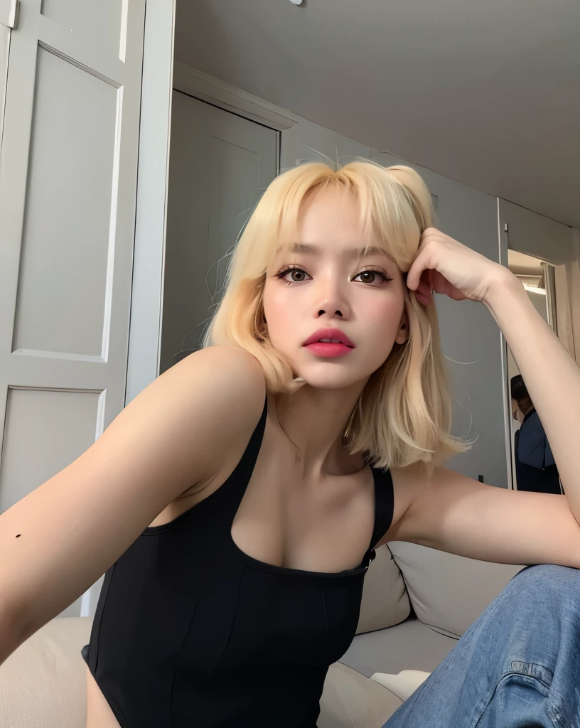 Blonde woman in black top sitting on a sofa with her hand on her head, Sun Yunjoo, Lalisa Manobal, imagem vazada, com cabelo curto, parque roseanne de blackpink, Heonhwa Choe, her hair is white, she is wearing a black tank top, taejune kim, Lalisa Manoban do Blackpink