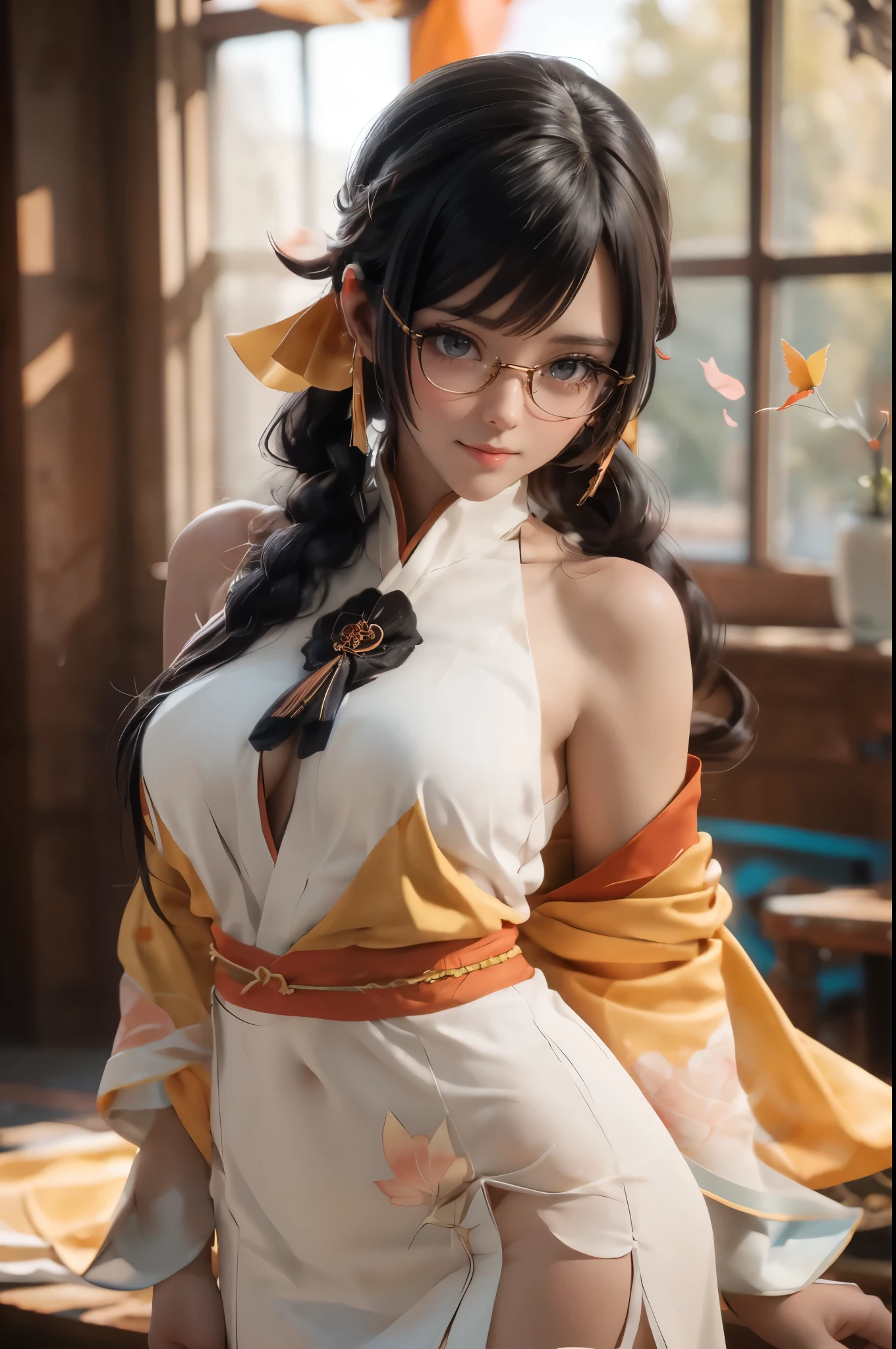 Wide shot, Beautiful girl, black hair in a ponytail, bangs, a hair accessory, wearing glasses, a bright smile, small breasts, a slim waist, (wearing a hanfu ((see-through)) with many layers of intricate details (light yellow)) , Dresses fluttering in the wind, seductive dances, the backdrop is an island with only peach trees in full bloom, many peach petals fluttering, morning light, anime, high quality