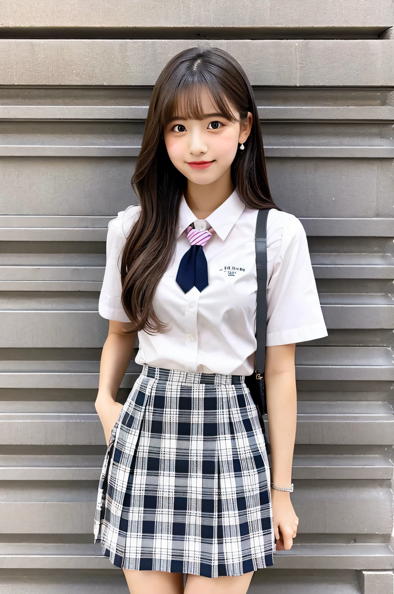 super mini skirt(gray and white plaid)A 20-year-old high school girl wearing a pink tie and white shirt..