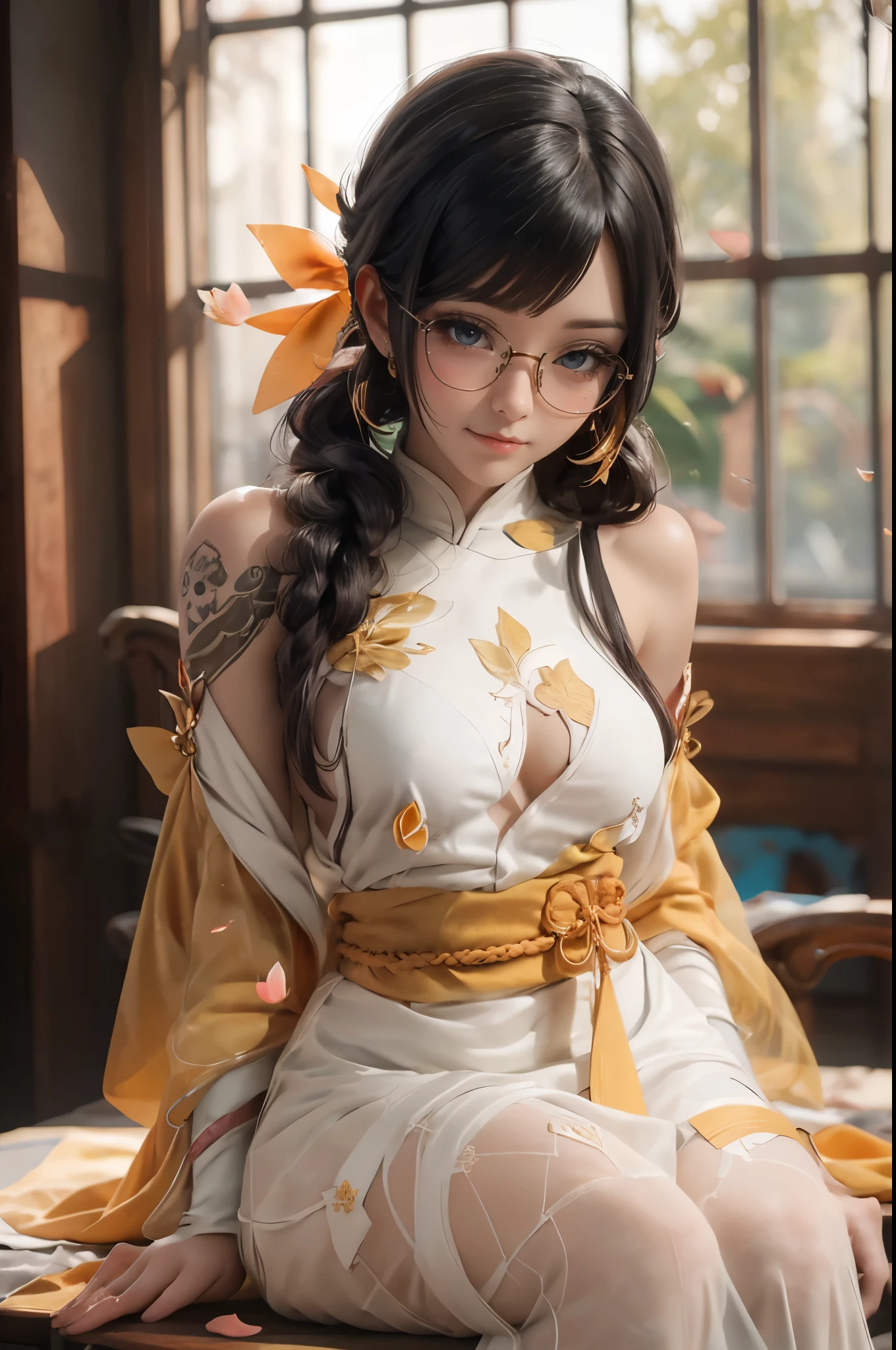 Wide shot, Beautiful girl, black hair in a ponytail, bangs, a hair accessory, wearing glasses, a bright smile, small breasts, a slim waist, (wearing a hanfu ((see-through)) with many layers of intricate details (light yellow)) , Dresses fluttering in the wind, seductive dances, the backdrop is an island with only peach trees in full bloom, many peach petals fluttering, morning light, anime, high quality
