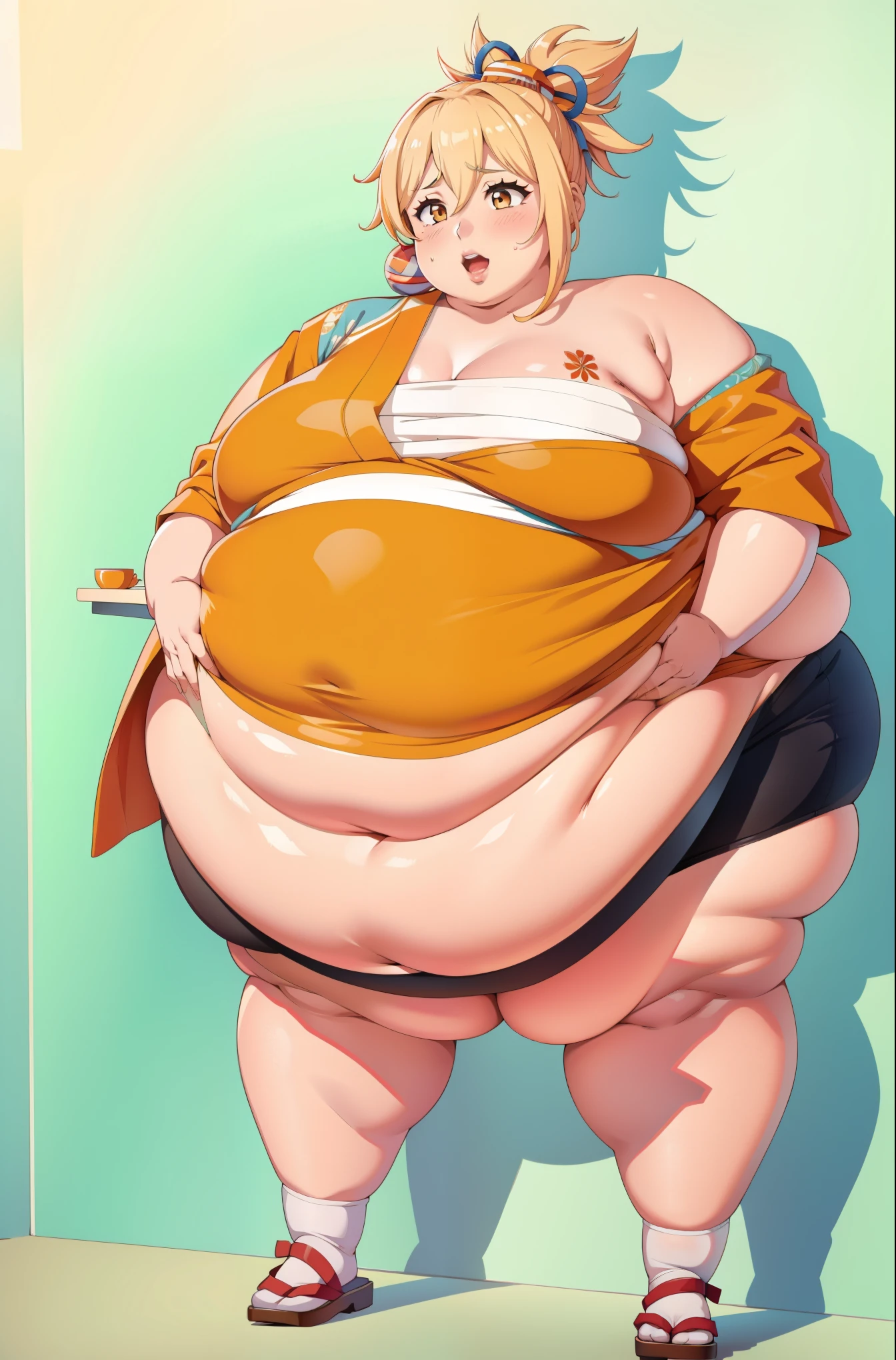 immobile, morbidly obese, massive belly, horny, blushing, holding belly, looking at viewer, flabby , giant , looking at viewer, large belly, obese, belly bursting through clothing, double chin, obesity, flabby breasts, fat arms and legs, fat everything, fat beIly, fat, ssbbw, obese, large belly, cute, pretty, parted lips, upper teeth, high quality, 1girl, solo, joyful, Yoimiya, japanese orange clothing, zoomed out:1.1, full body:1.1, entire body:1.1, (full body), detailed hands, short, straight hands, 