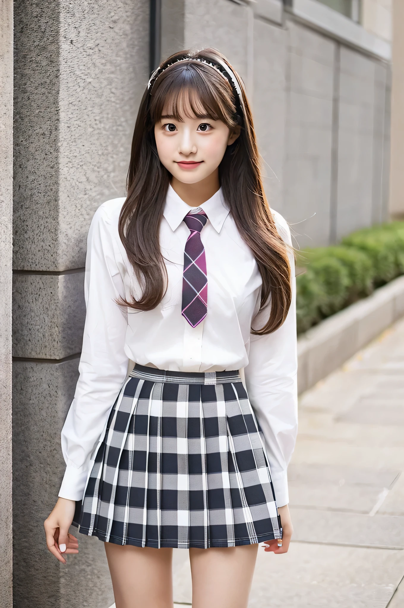 super mini skirt（gray and white plaid）A 20-year-old high school girl wearing a pink tie and white shirt..